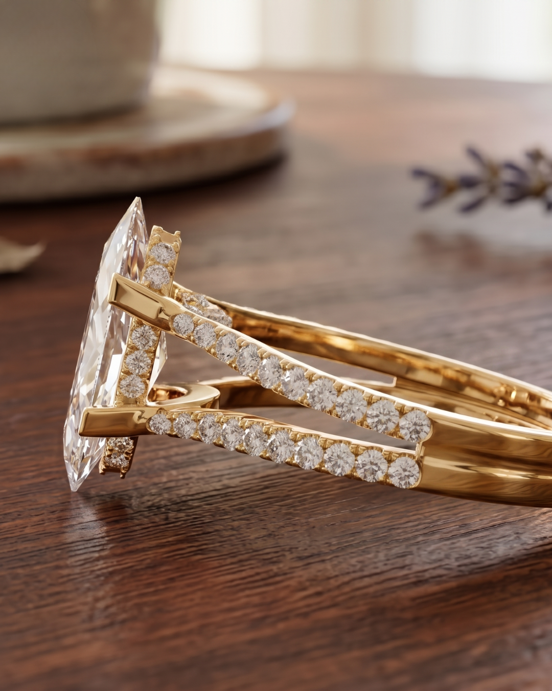Kiashaa Jewellery ladies marquise diamond ring in rose gold with round diamond accents and a refined luxury setting.