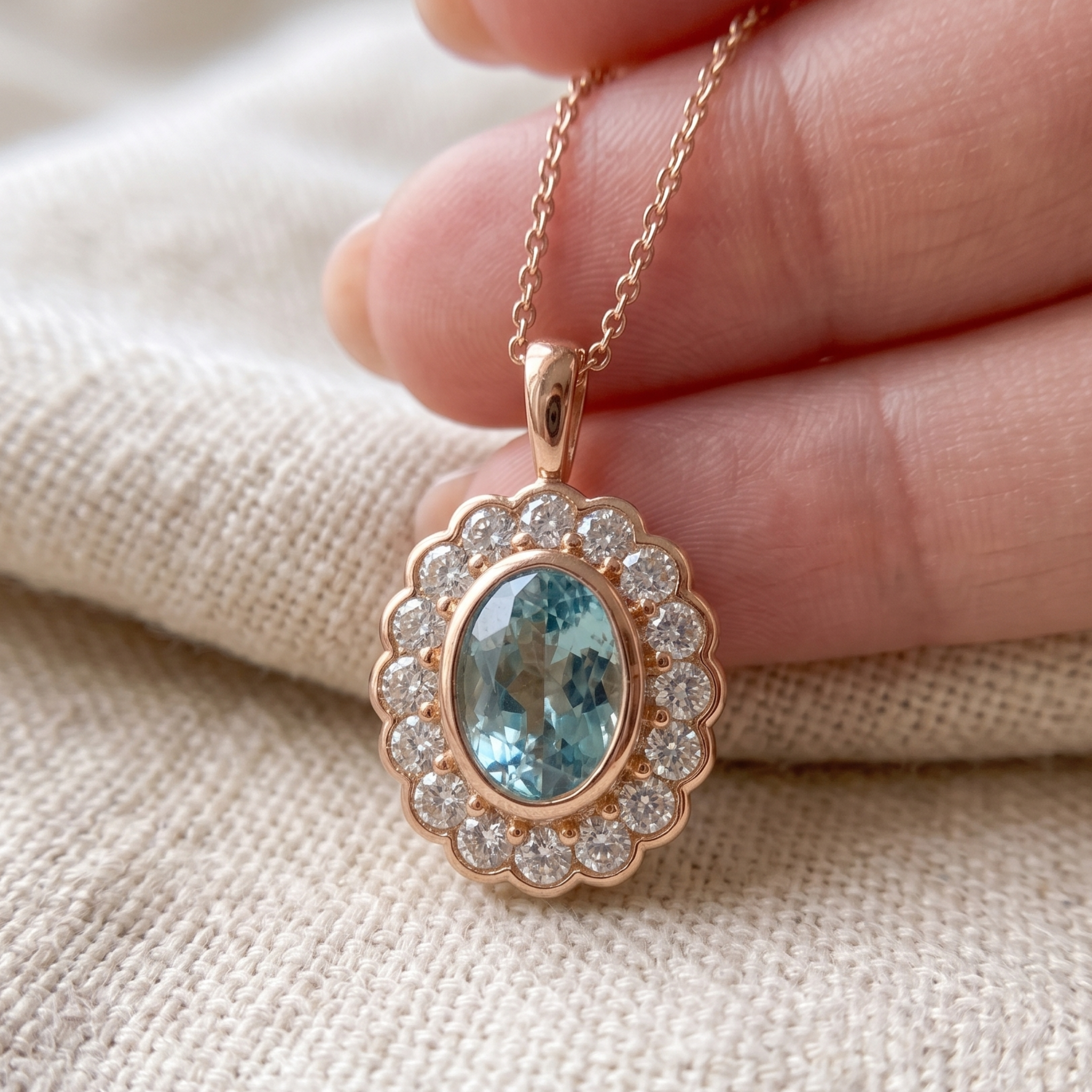 Azure Bloom 1.24 CTW Oval Blue Gemstone Halo Pendant Necklace in 9K, 14K & 18K Gold