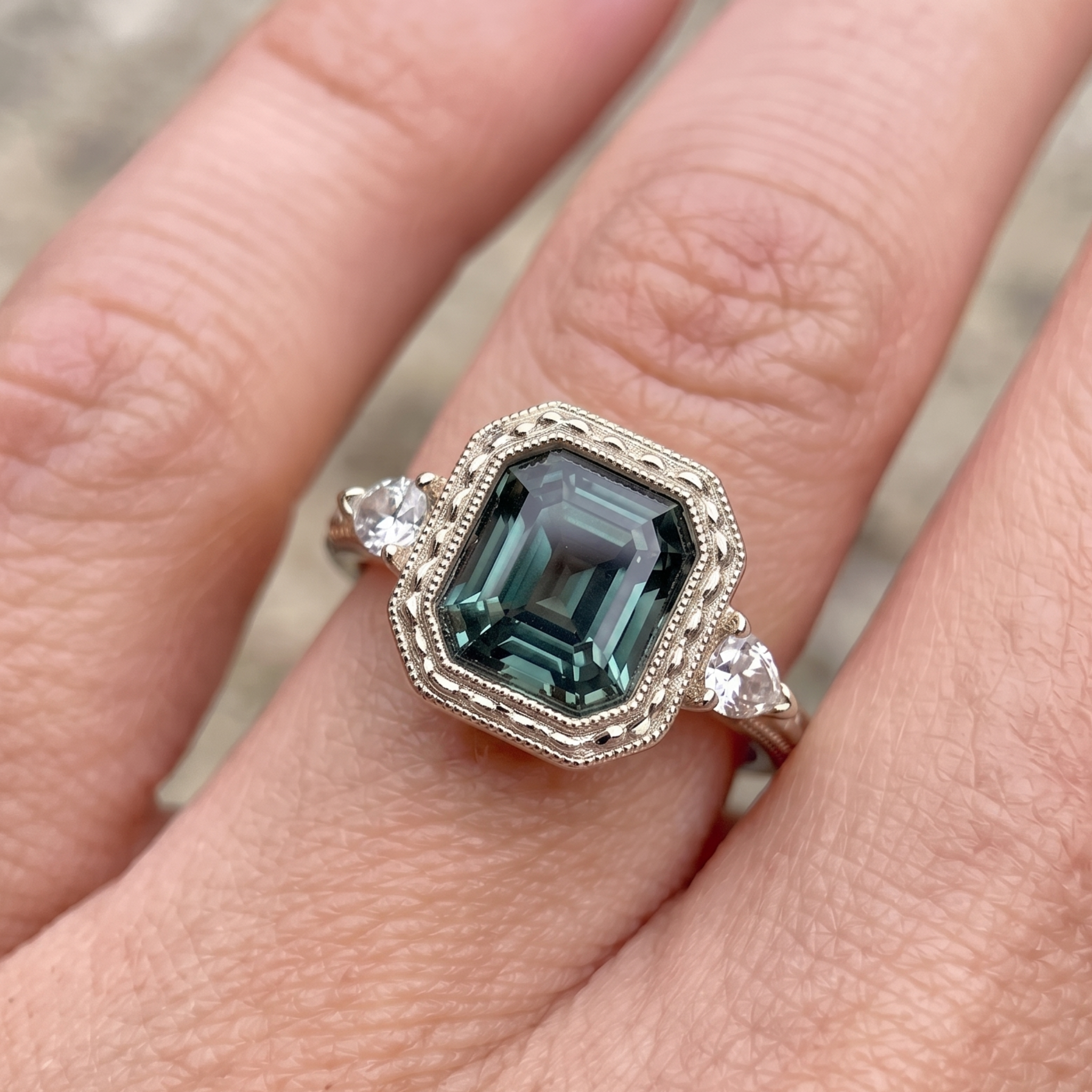 Verdant Regal 3.60 CTW Radiant Green Gemstone & Pear Diamond Ring