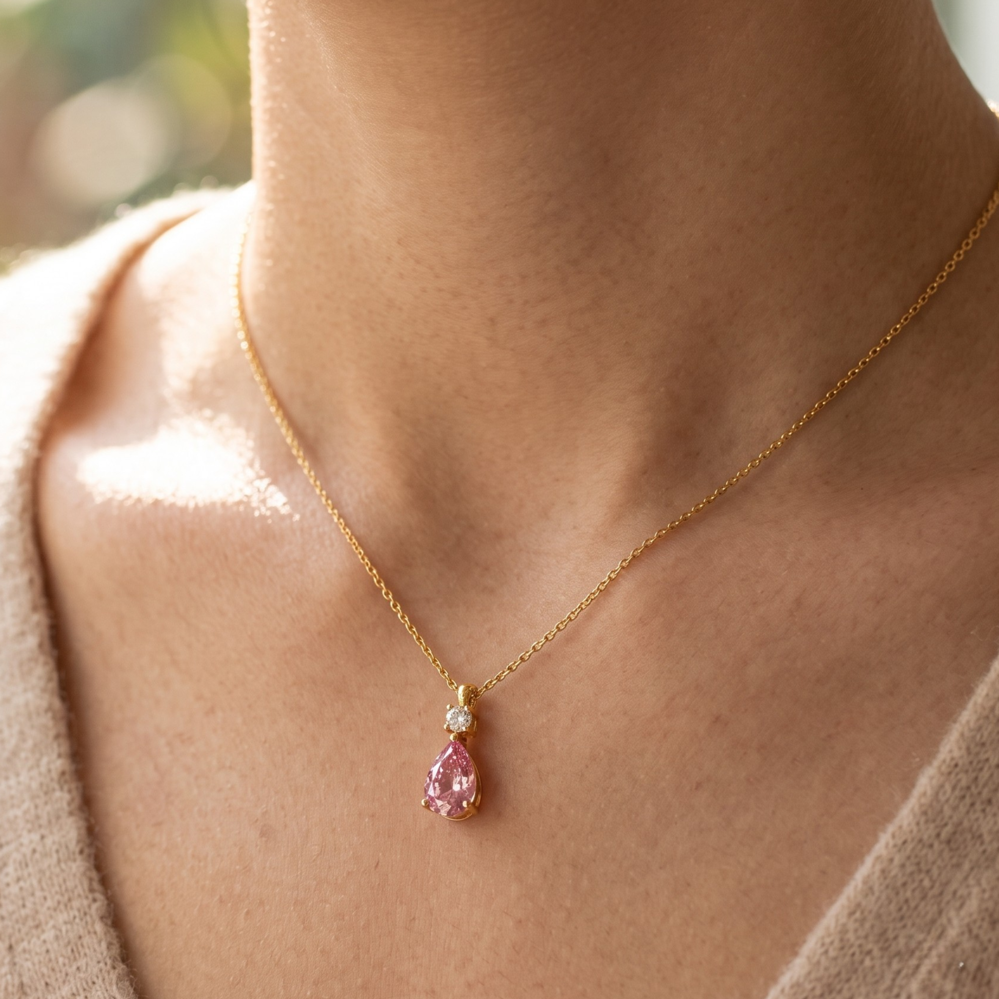 Blush Drop 0.90 CTW pink pear pendant necklace by Kiashaa Jewellery with an 8 × 5 mm pear-shaped center stone.