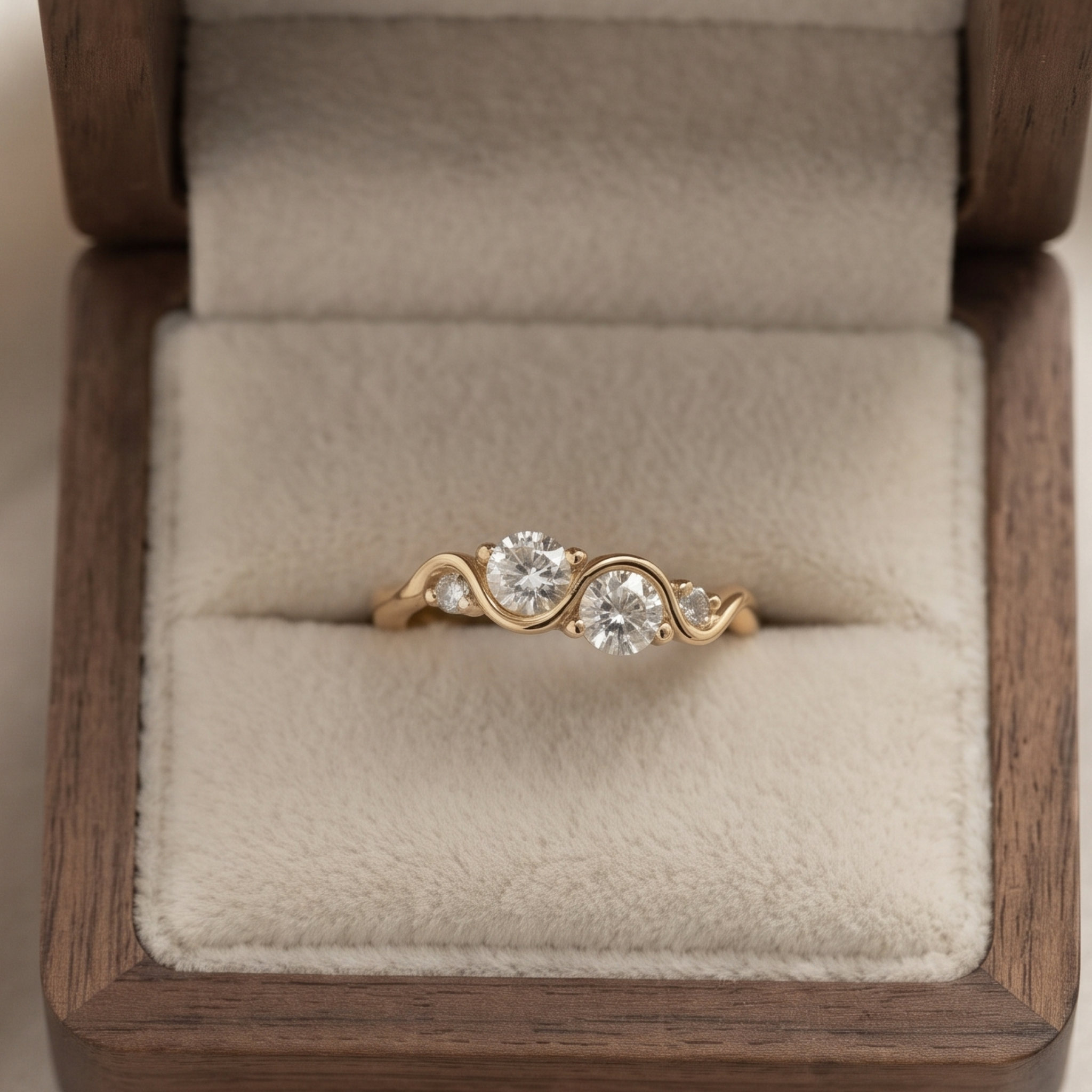 A yellow gold ring with three round-cut clear gemstones set in a wavy band, displayed inside an open wooden jewelry box with a cream velvet cushion.