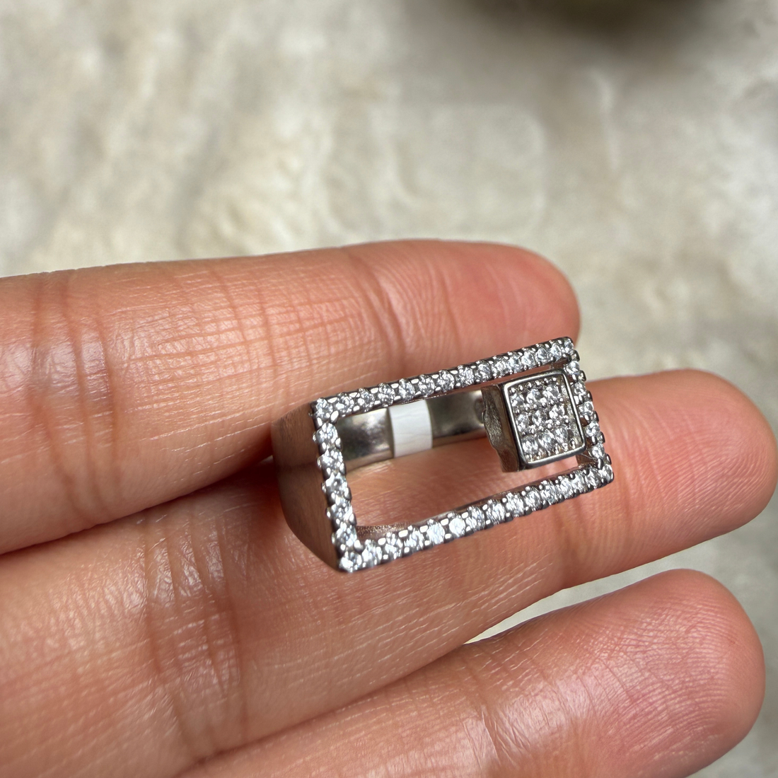 Geometric lab-grown diamond open rectangle ring in white gold by Kiashaa Jewellery.