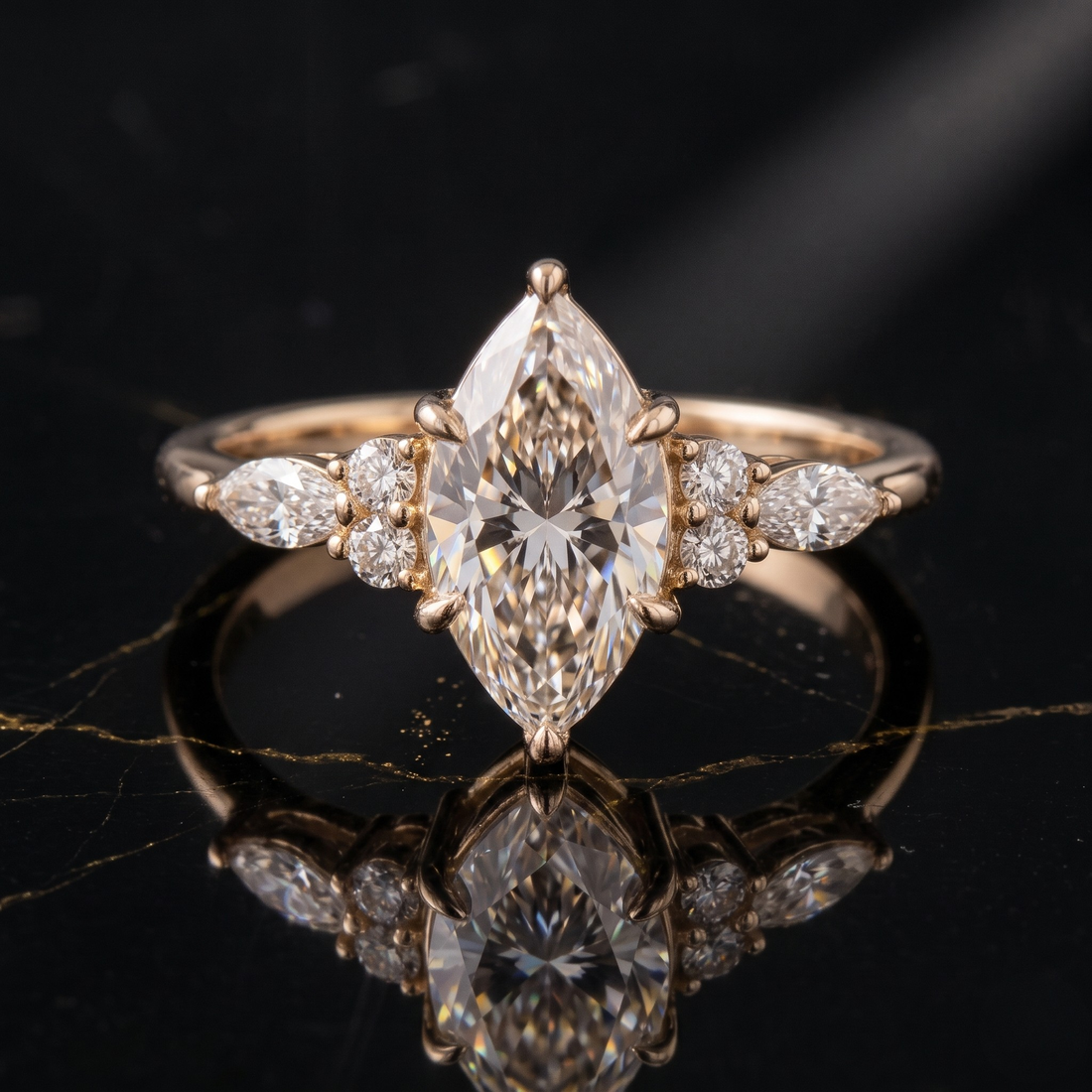 Nature-inspired marquise diamond ring available in white yellow and rose gold