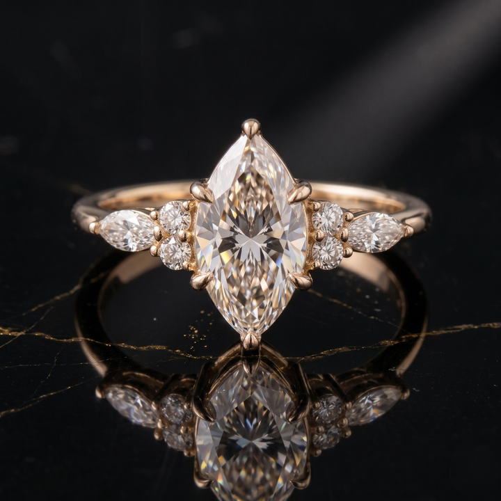 Nature-inspired marquise diamond ring available in white yellow and rose gold