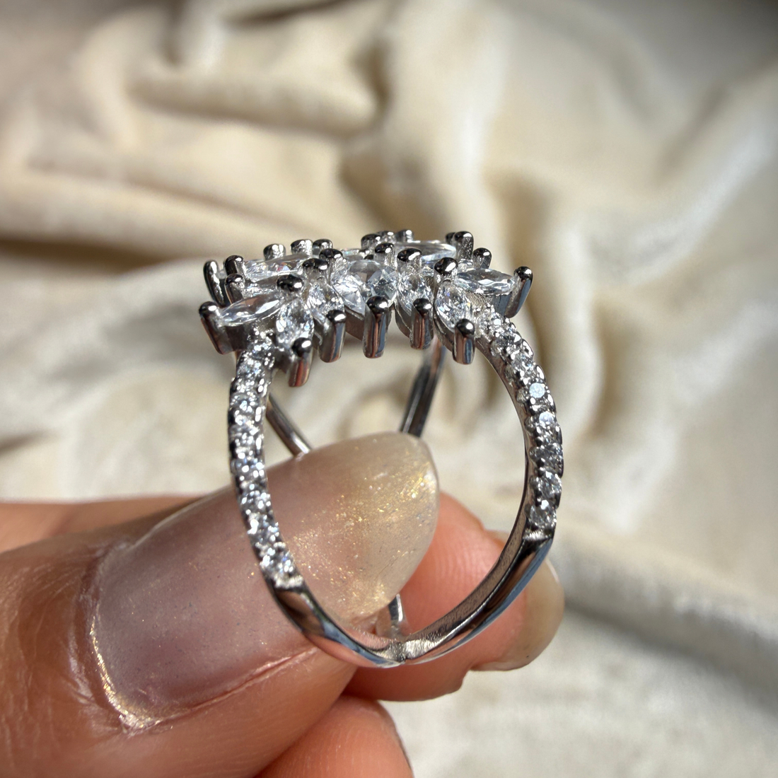 Pear and marquise floral lab-grown diamond statement ring by Kiashaa Jewellery.