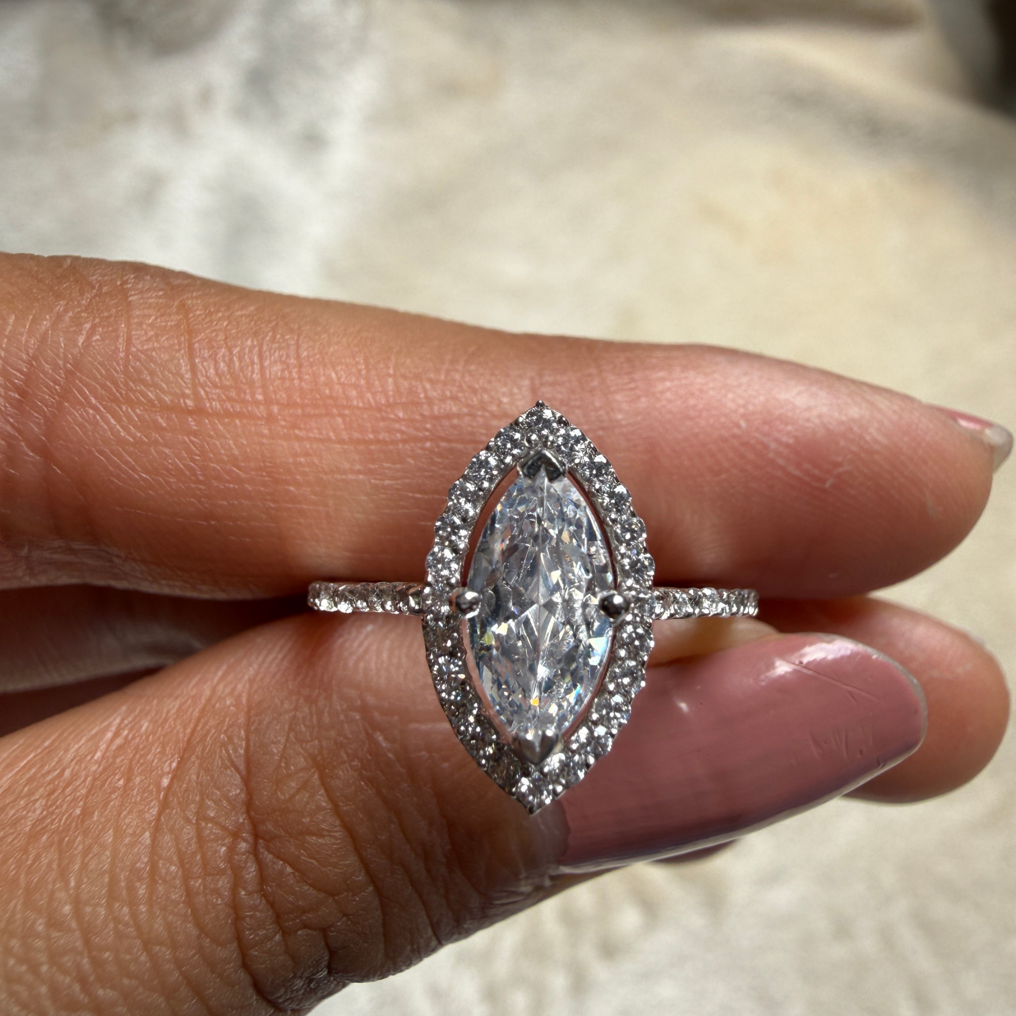 Marquise halo lab-grown diamond engagement ring in white gold by Kiashaa Jewellery.