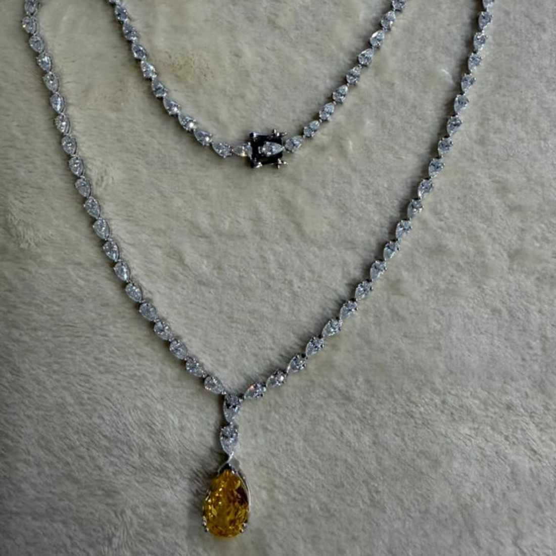 Royal Pear Cascade 27.59 CTW Diamond Tennis Necklace with Yellow Pear Drop in 9K, 14K & 18K Gold