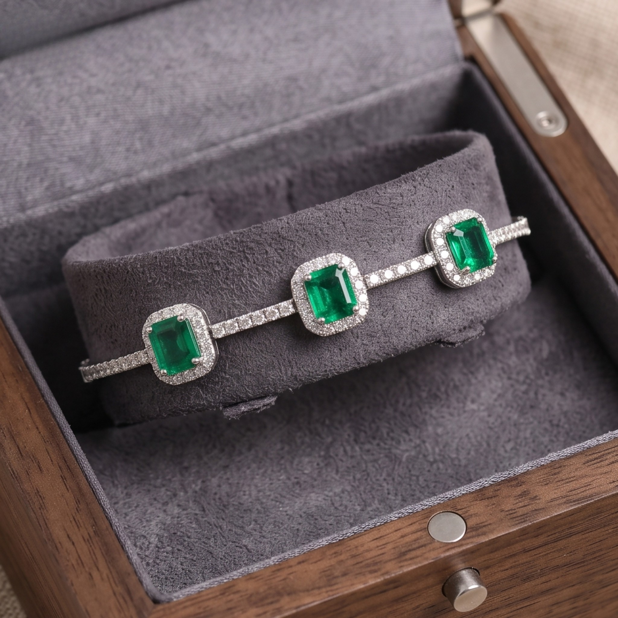 A silver-toned bracelet with three emerald-cut green gemstones and pavé-set clear stones, displayed on a gray velvet cushion inside a wooden presentation box.