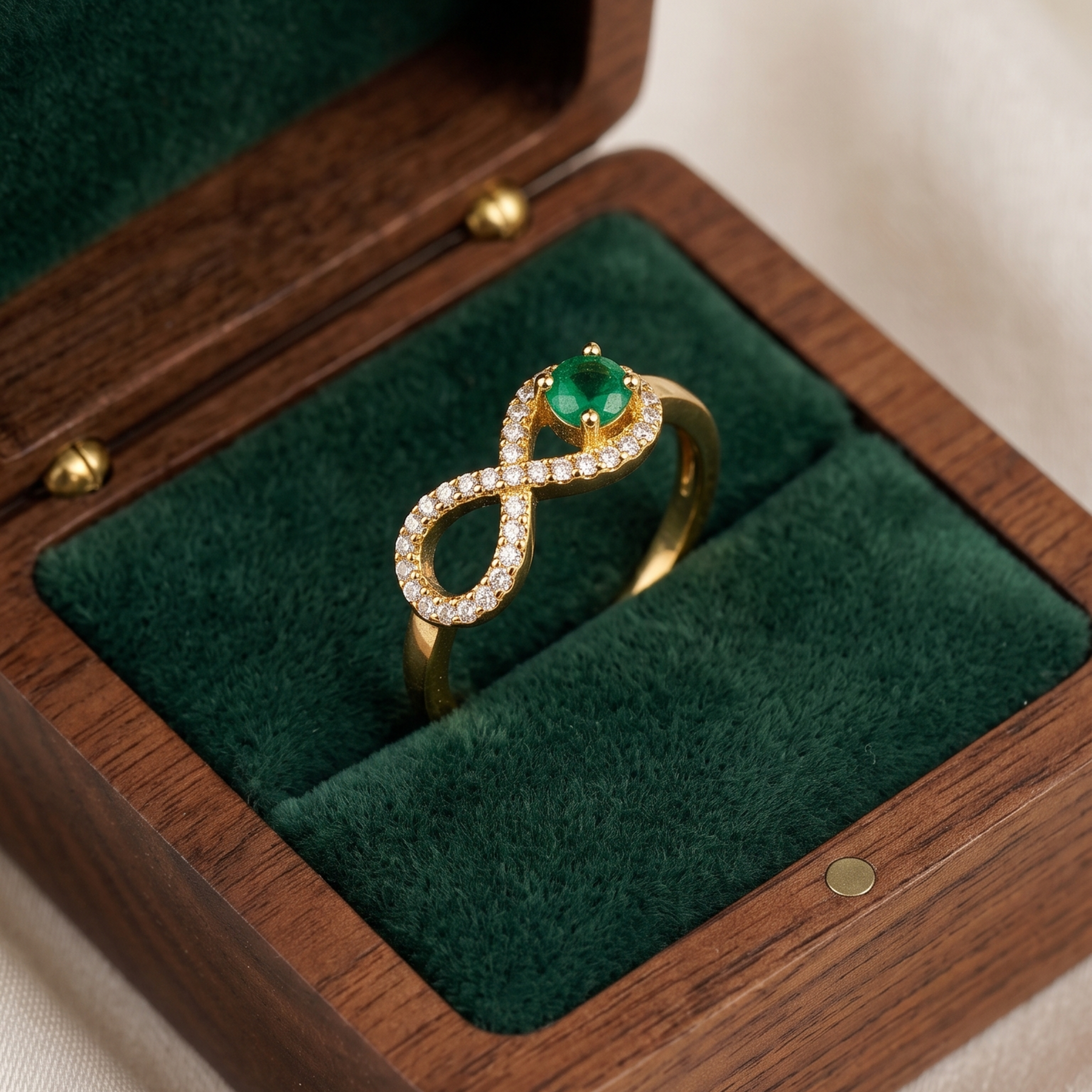 A gold infinity ring with a green emerald-cut center stone and small clear pavé accents, displayed in an open wooden jewelry box with a green velvet insert.