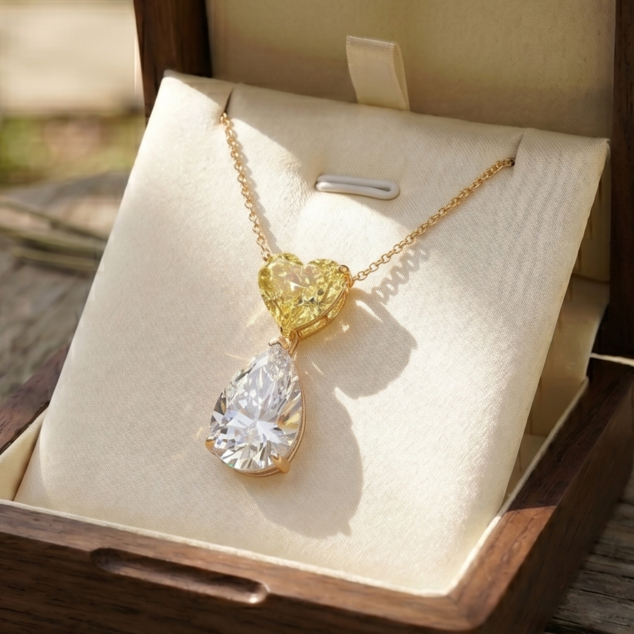Golden Amour 5 CT Heart & Pear Diamond Drop Necklace