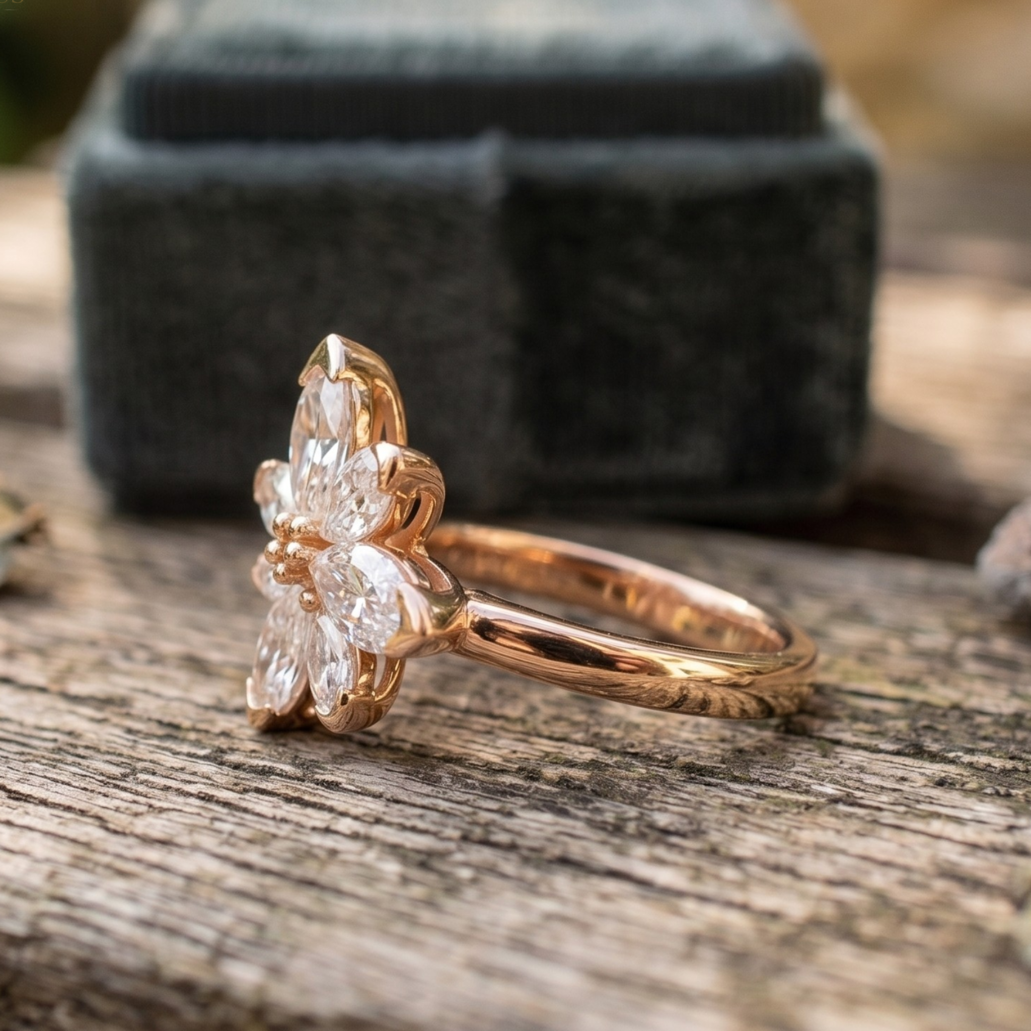 Élan Bloom 2 CTW pear diamond flower ring by Kiashaa Jewellery featuring approximately seven pear-shaped diamond petals.