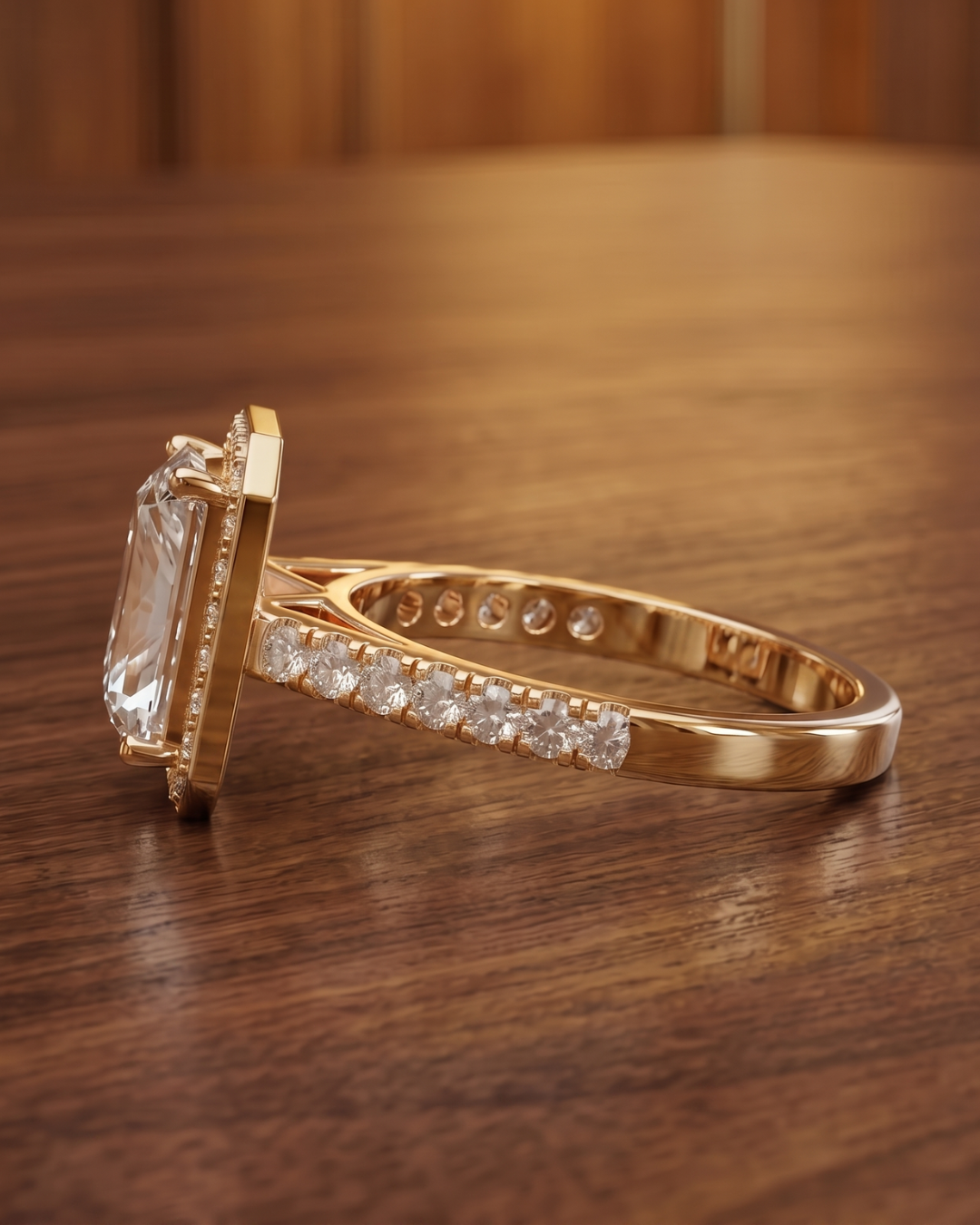 Rose gold radiant halo engagement ring by Kiashaa Jewellery with lab-grown diamond center and round accents.