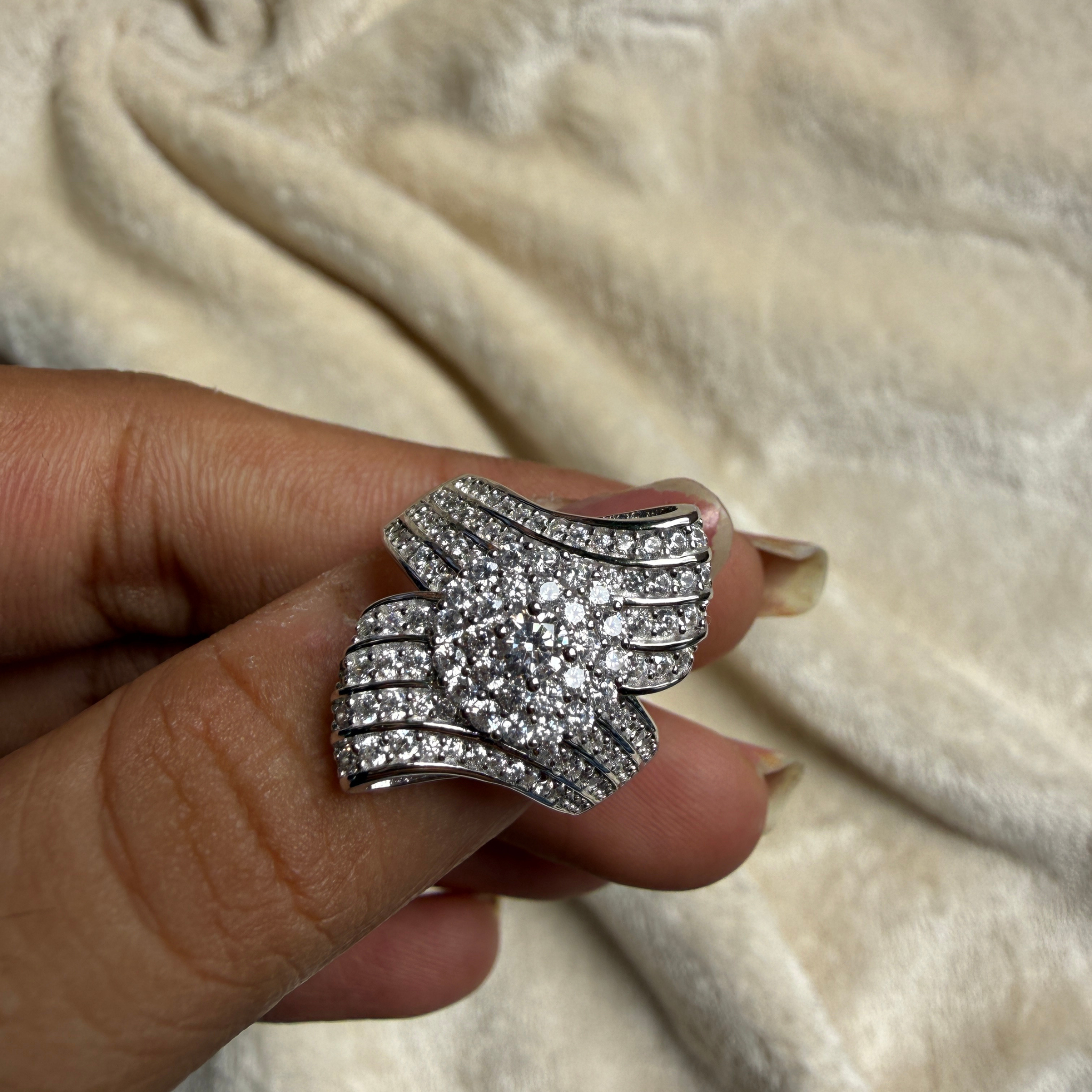 Round lab-grown diamond multi-row statement ring by Kiashaa Jewellery.