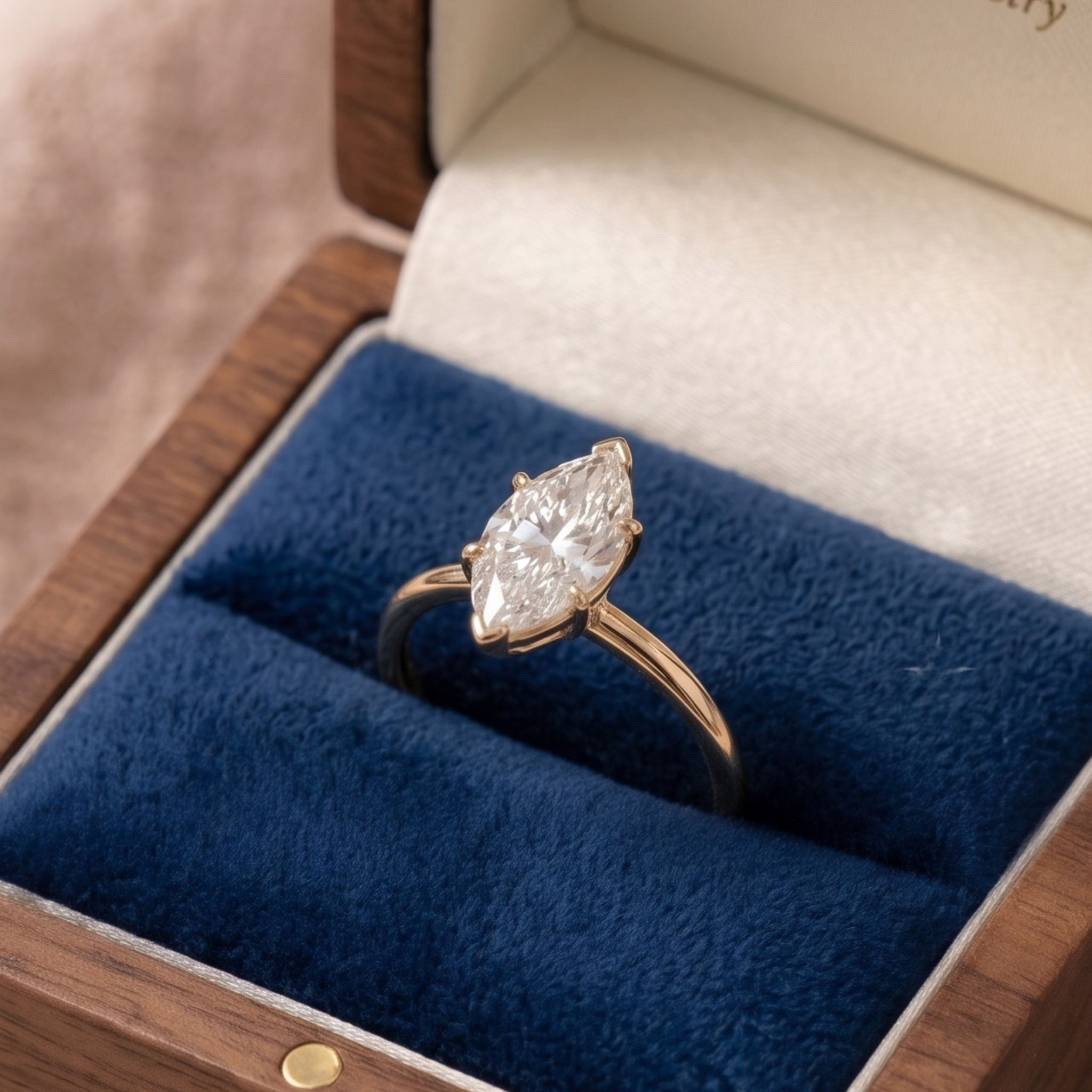 A yellow gold ring with a marquise-cut diamond set in a wooden presentation box with a blue velvet cushion.