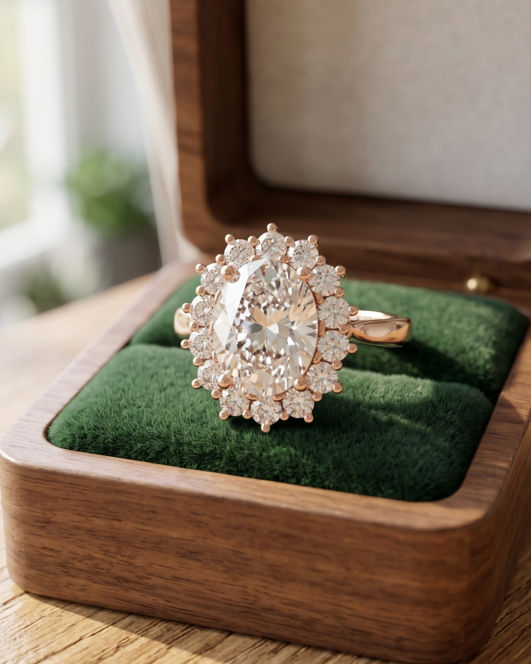 Premium oval lab-grown diamond halo ring by Kiashaa Jewellery in rose gold for anniversaries and luxury gifting.