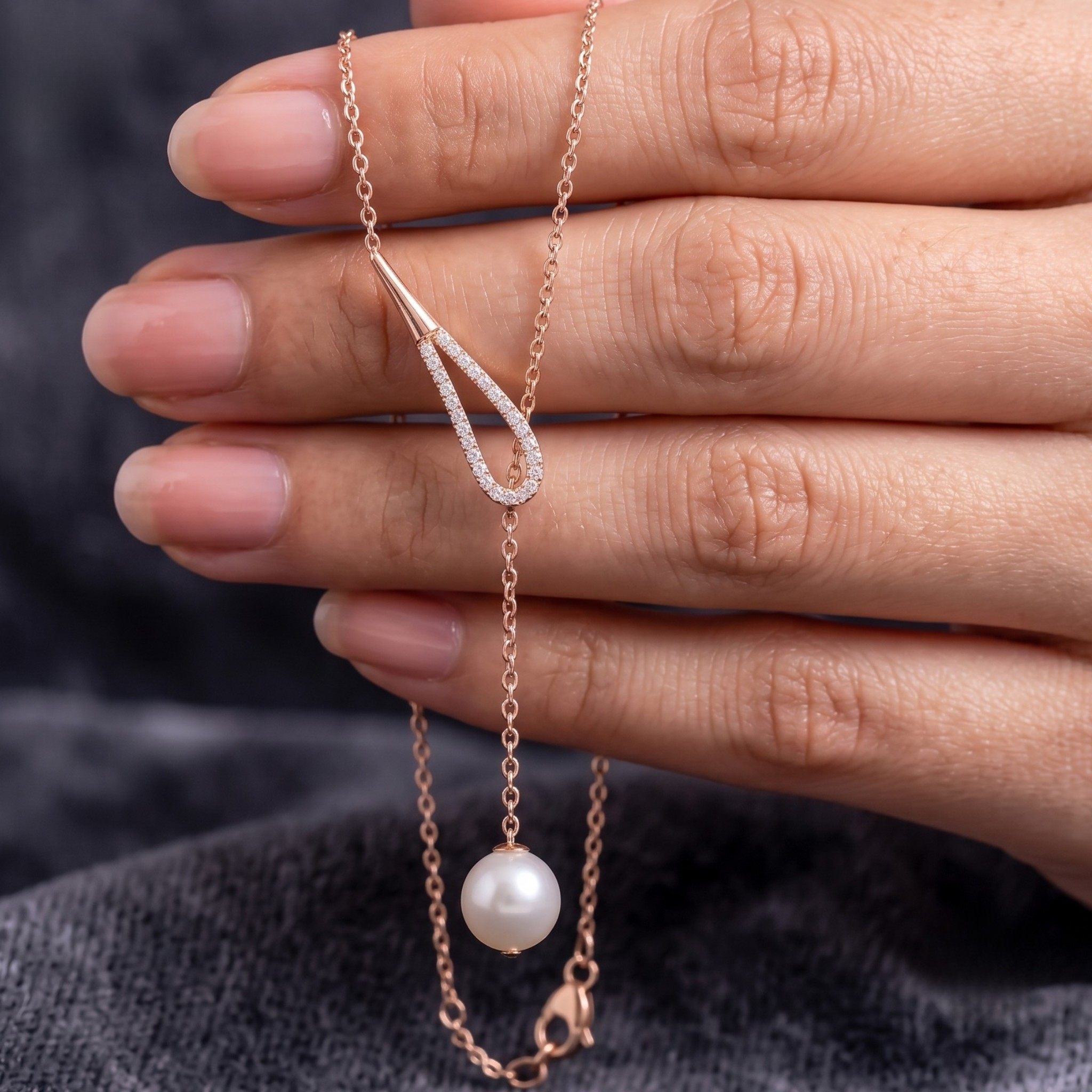 A close-up of a hand holding a delicate rose gold lariat necklace with a teardrop-shaped pavé centerpiece and a dangling white pearl bead.