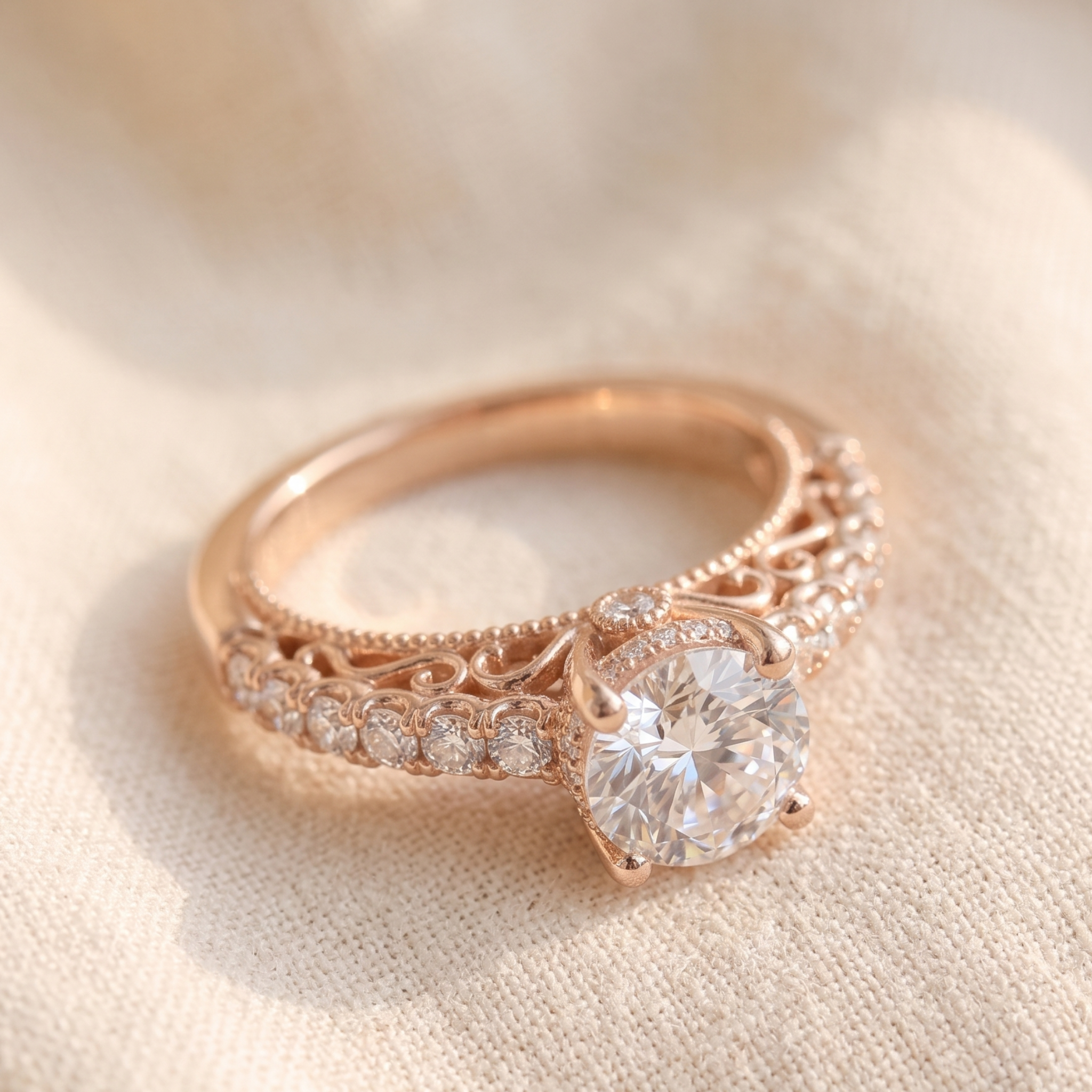 Kiashaa Jewellery 2.524 CTW vintage round diamond engagement ring in polished rose gold.