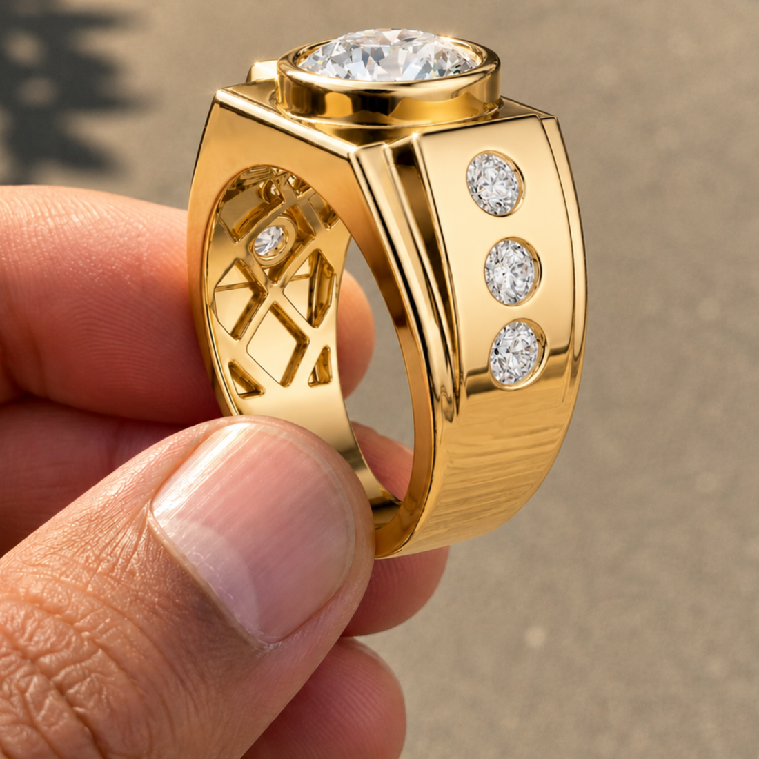 A close-up of a hand holding a gold ring with a large round clear gemstone on top and three smaller round clear gemstones on the side. The ring has a polished yellow-gold finish with a geometric design.