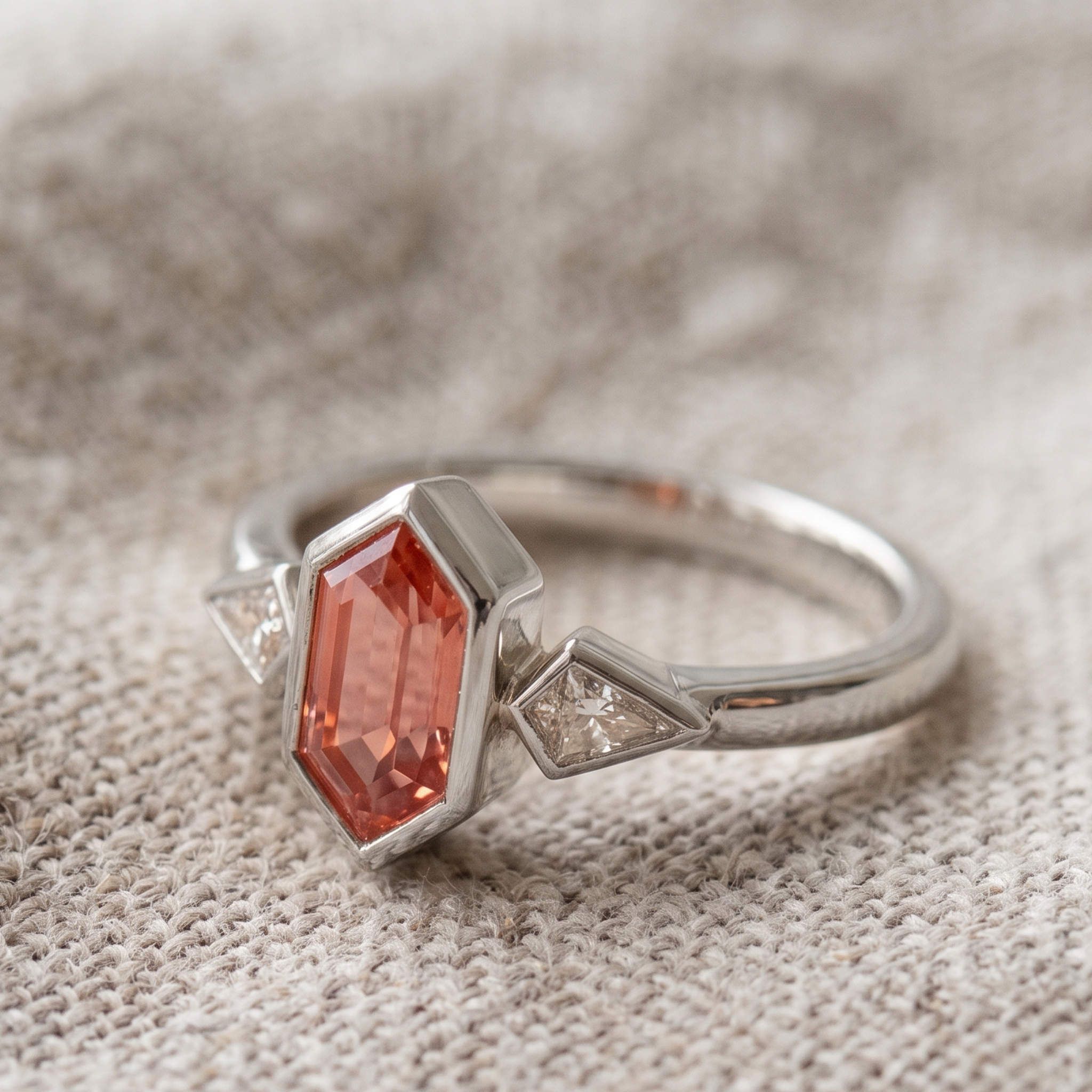 Kiashaa Jewellery 3 CTW pink geometric three-stone ring in polished yellow gold.