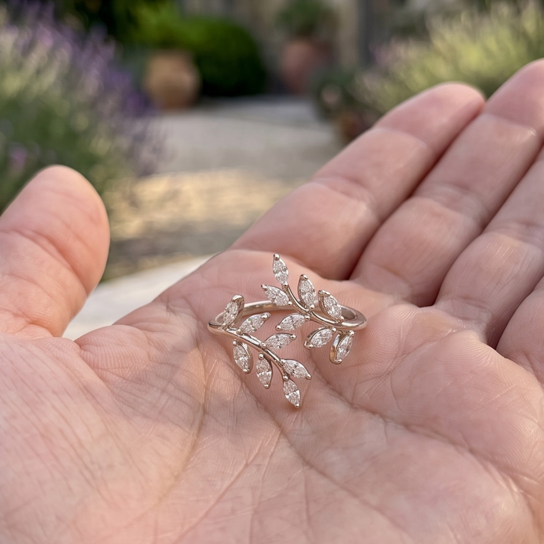 Kiashaa Jewellery 1.12 CTW marquise diamond leaf ring in polished yellow gold.
