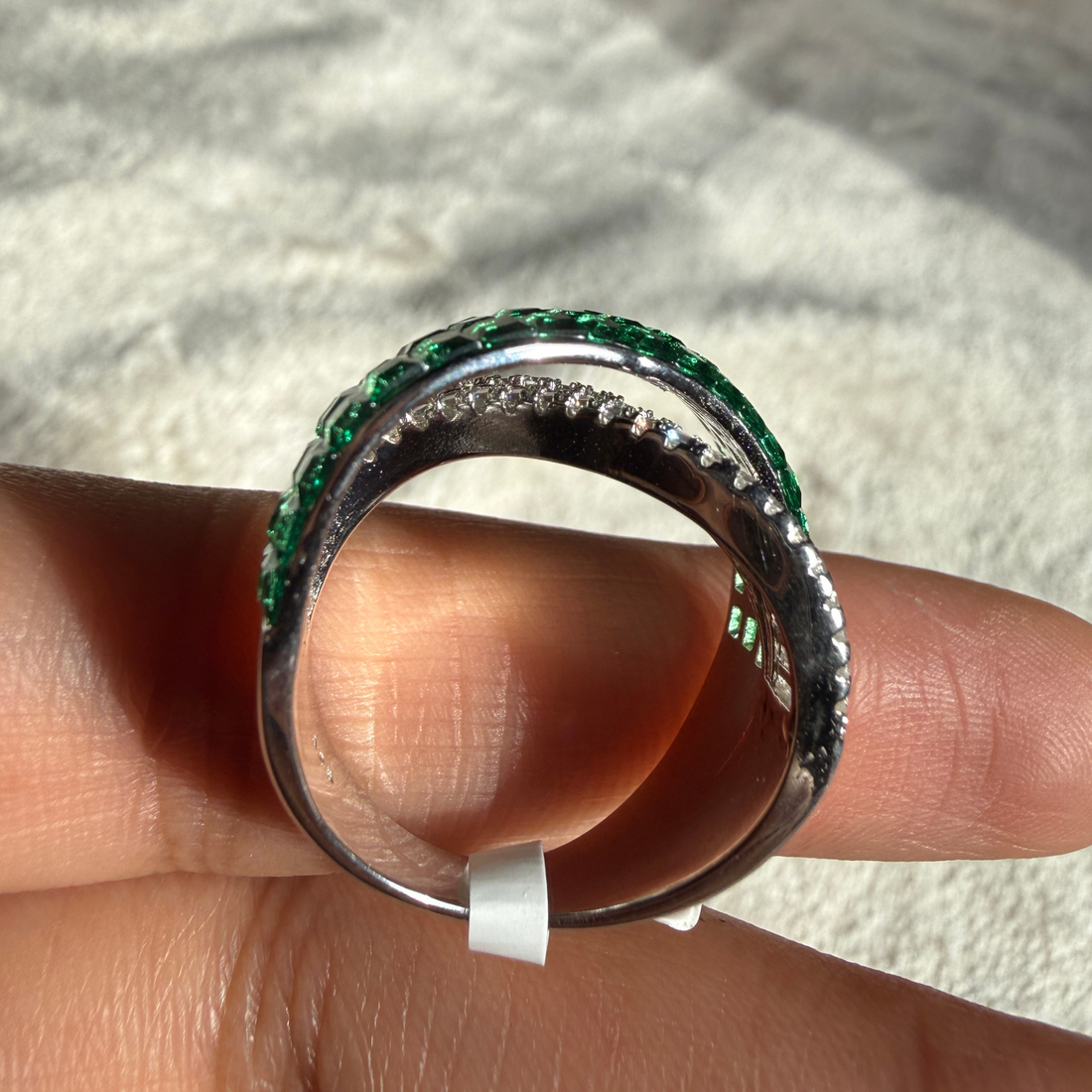 Green CZ and lab-grown diamond bypass statement ring by Kiashaa Jewellery.