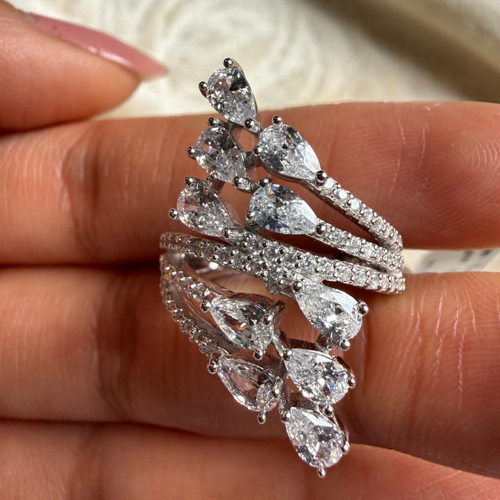 Pear leaf lab-grown diamond wrap ring in white gold by Kiashaa Jewellery.