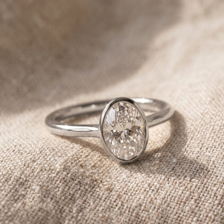 A silver ring with an oval-cut clear gemstone in a bezel setting, resting on a textured beige linen fabric.
