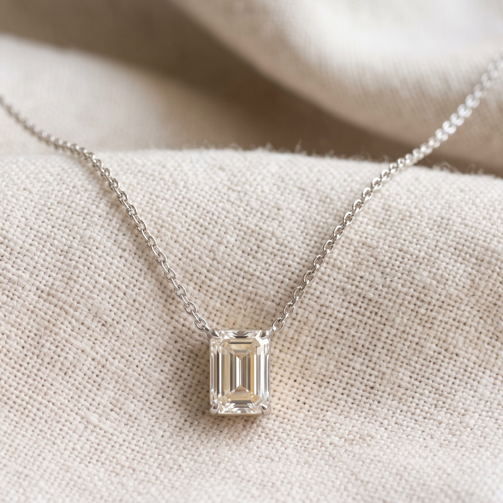 2.58 CT emerald-cut diamond solitaire pendant necklace in polished yellow gold.