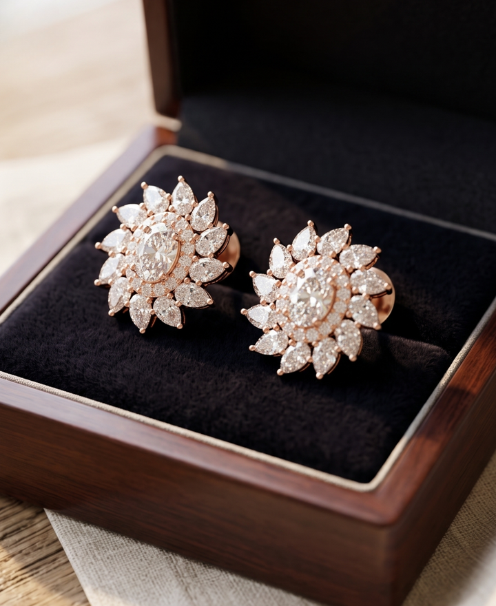 Side-angle view of floral lab-grown diamond studs showing layered settings, straight posts and push-back closures.