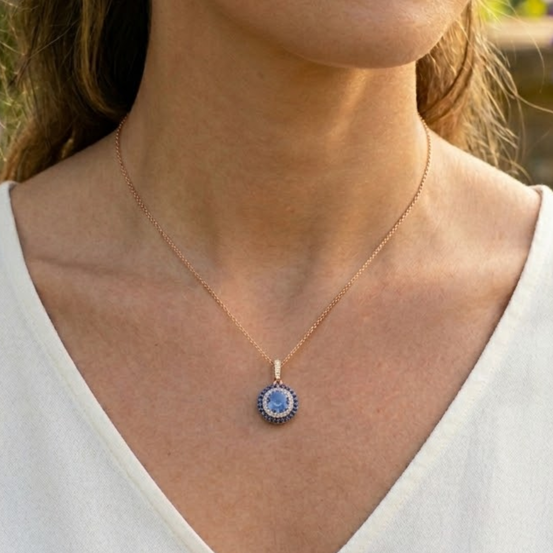 Royal Azure 1.30 CT Blue Stone & Diamond Halo Necklace in 9K, 14K & 18K Gold