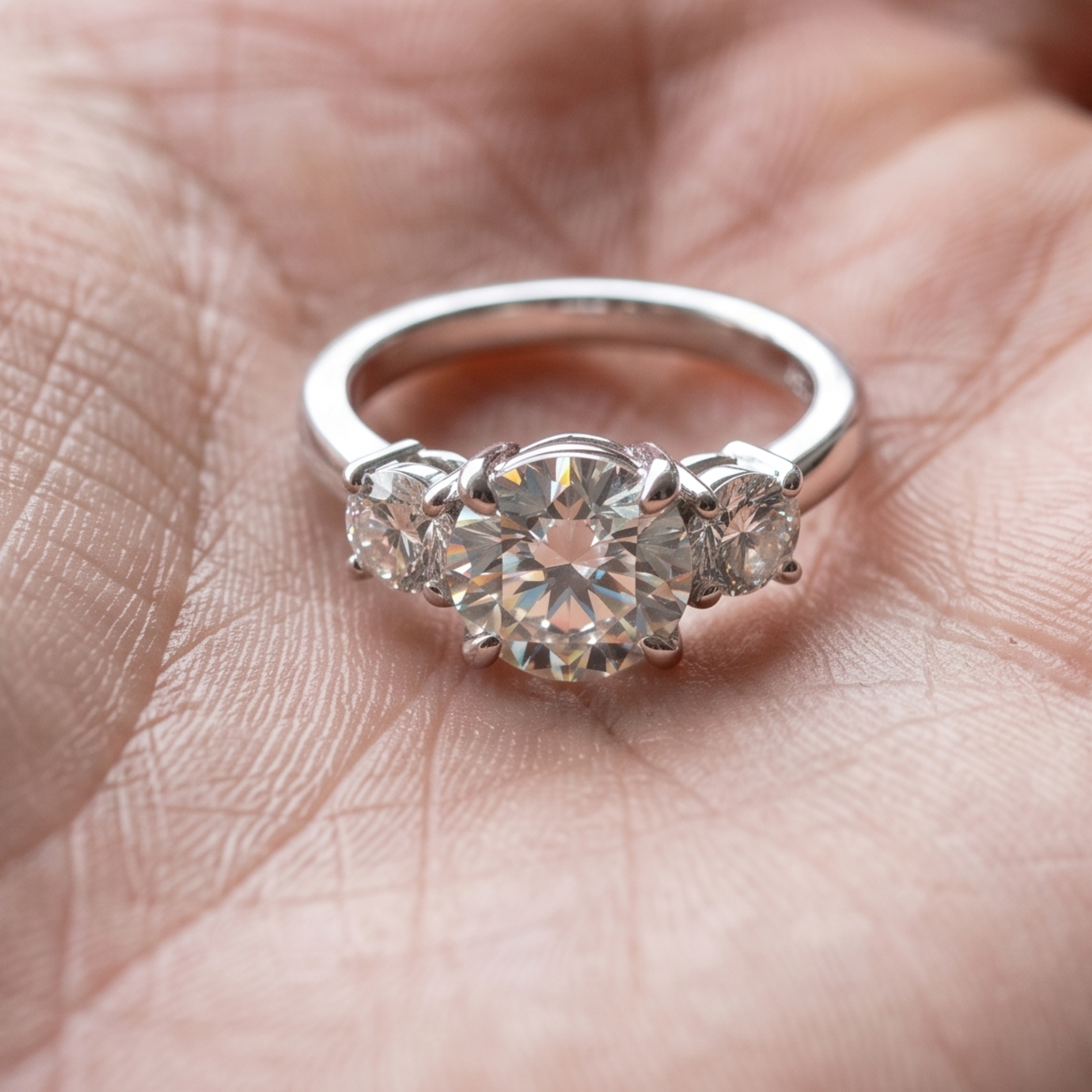 Three-stone engagement ring available in yellow white and rose gold