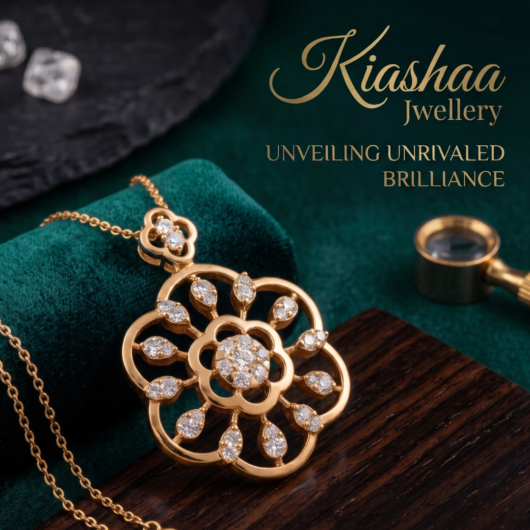 Gold floral pendant necklace with clear stones on a chain, displayed on a dark green velvet cloth with a wooden surface, black stone, and a magnifying glass. Gold script text reads 'Kiashaa Jewellery' and 'UNVEILING UNRIVALED BRILLIANCE'.