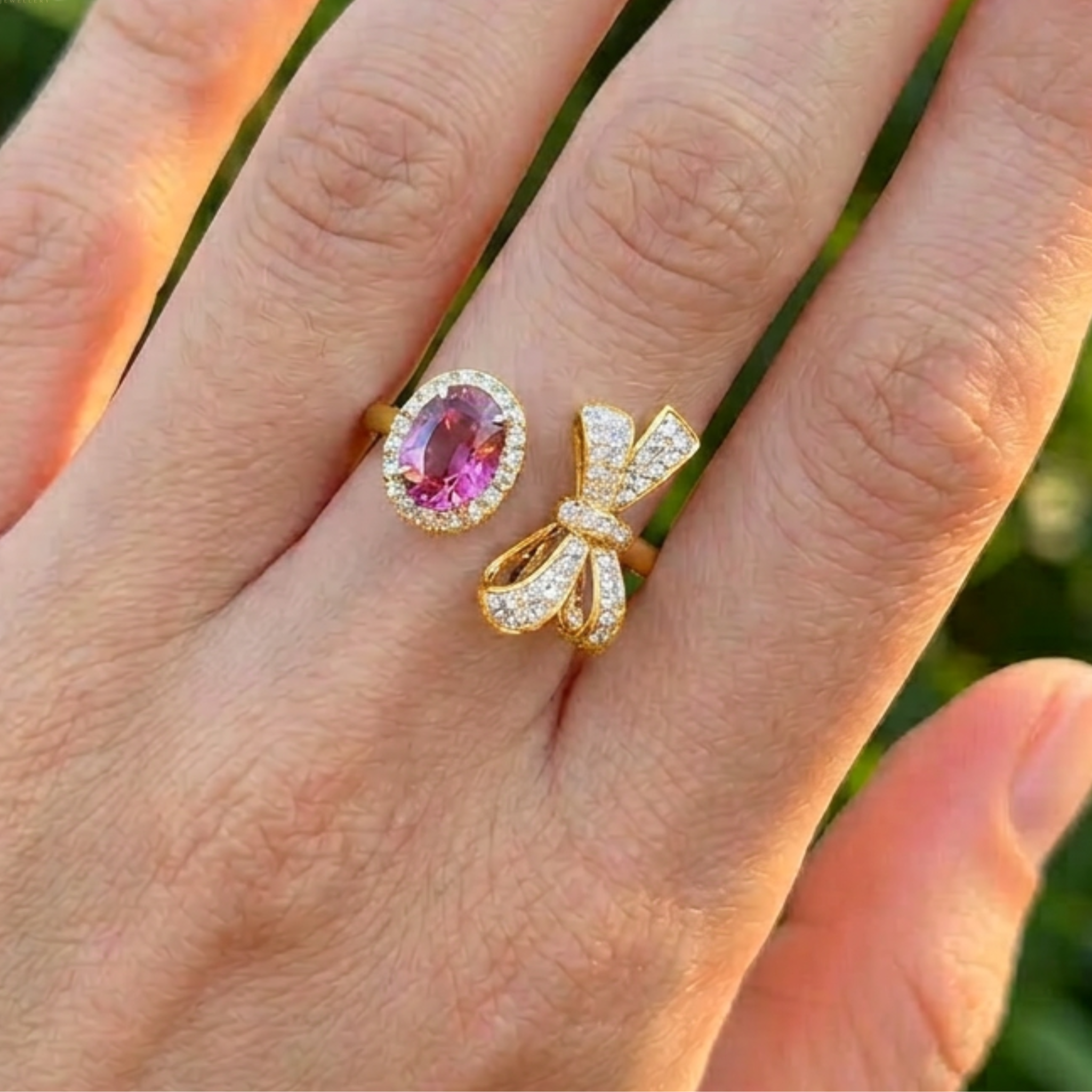 Rosette Bow 3 CTW pink oval diamond open ring by Kiashaa Jewellery in white gold with a bow-inspired diamond design.
