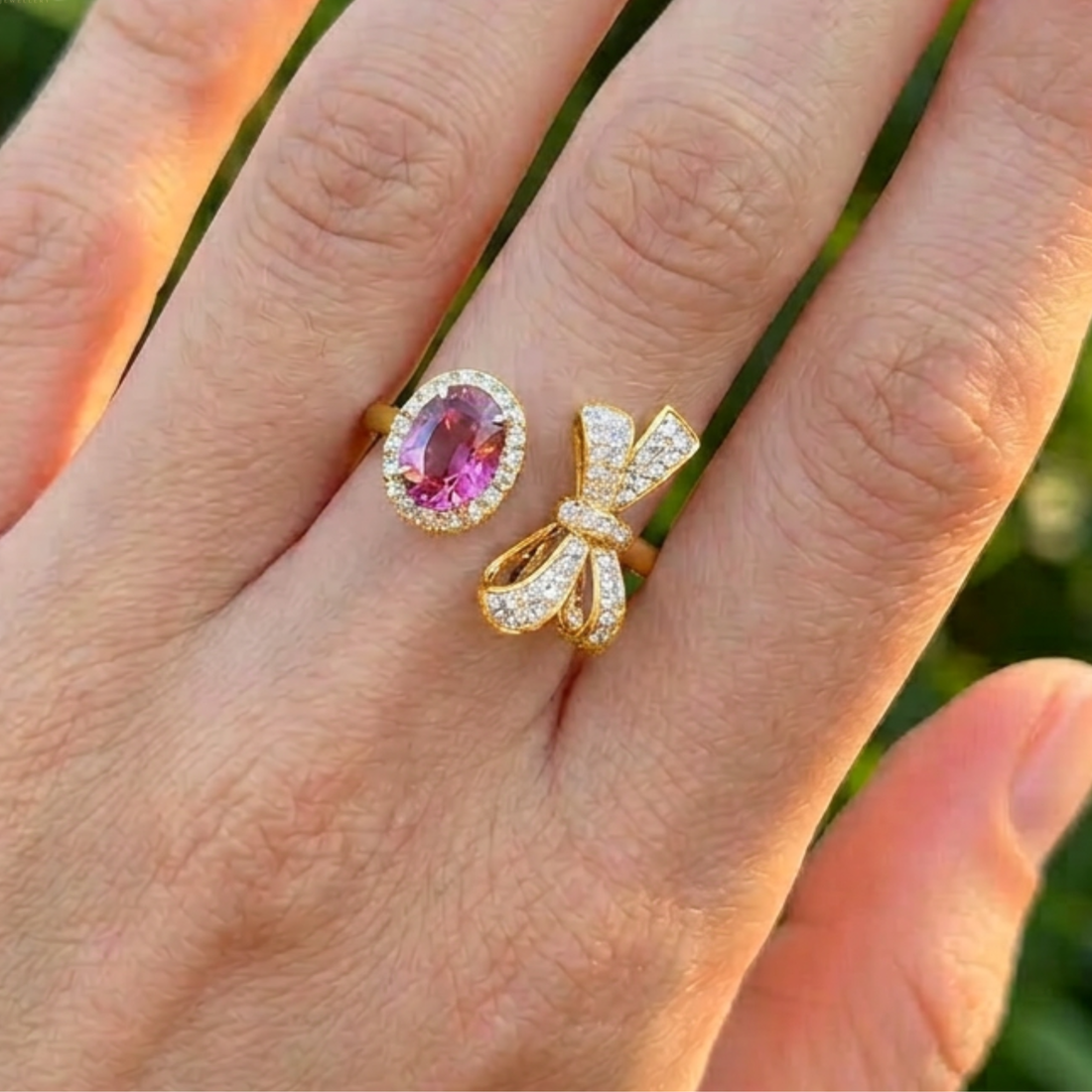 Rosette Bow 3 CTW pink oval diamond open ring by Kiashaa Jewellery in white gold with a bow-inspired diamond design.