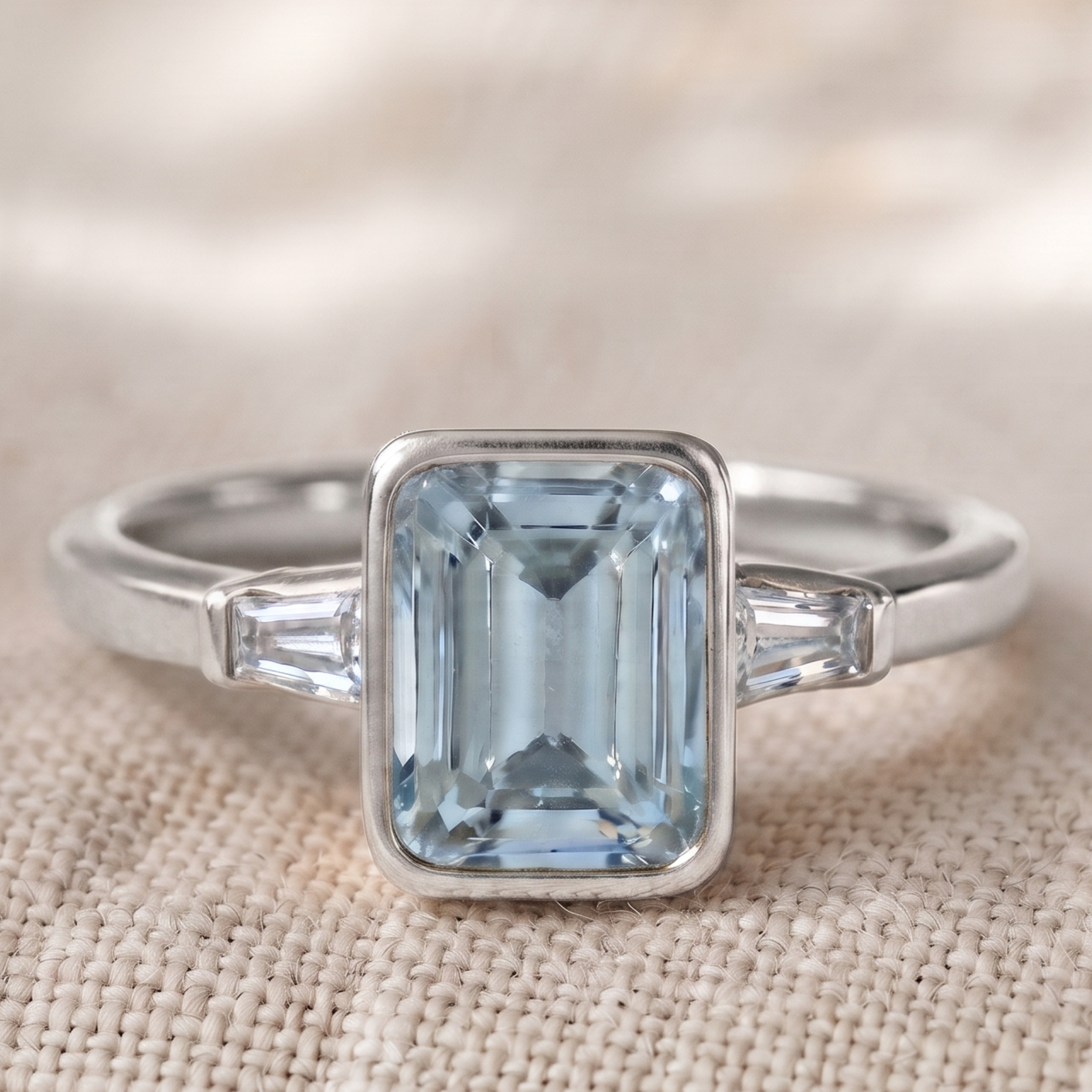 Aqua Cushion 1.351 CTW Cushion & Tapered Baguette Three-Stone Ring in 9K, 14K & 18K Gold