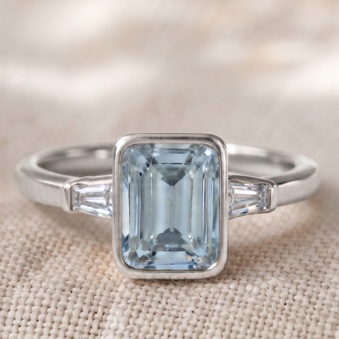 Aqua Cushion 1.351 CTW Cushion & Tapered Baguette Three-Stone Ring in 9K, 14K & 18K Gold