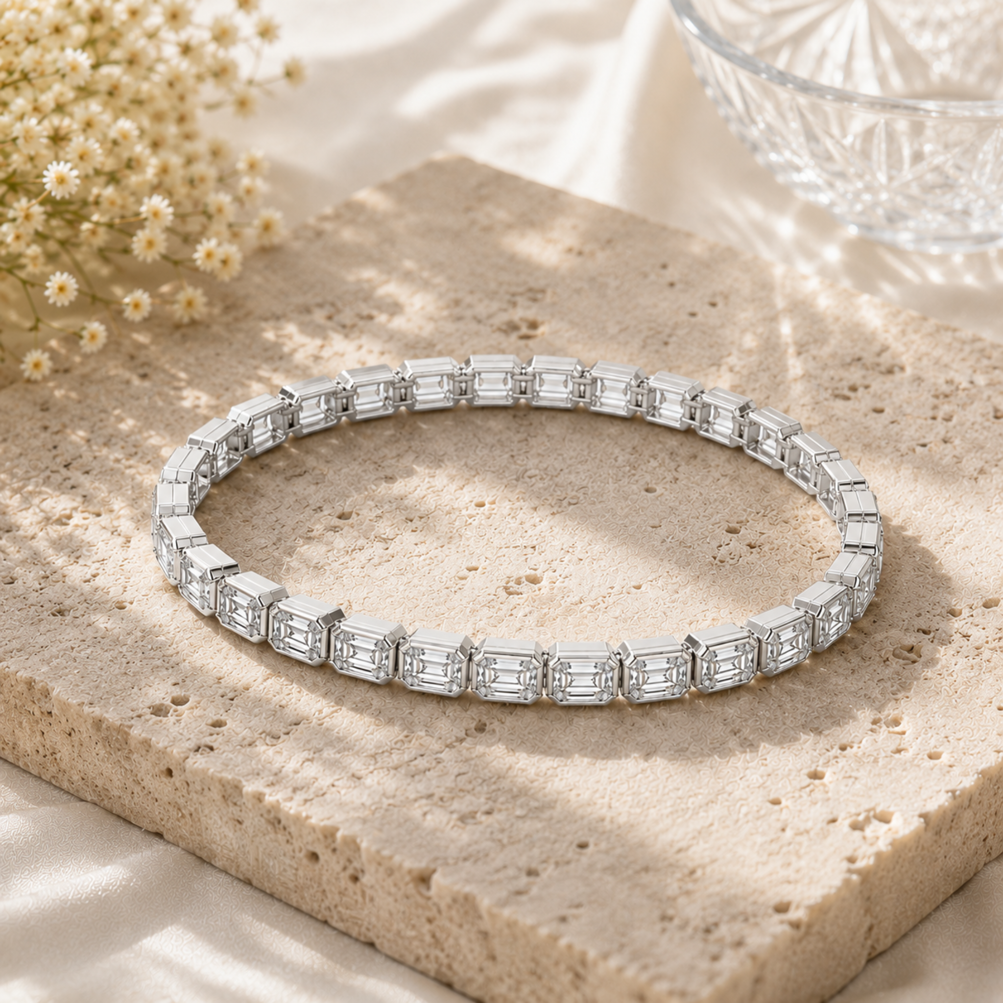 A silver tennis bracelet with Emerald cut clear stones, displayed on a textured beige stone slab with dried flowers and soft fabric in the background.