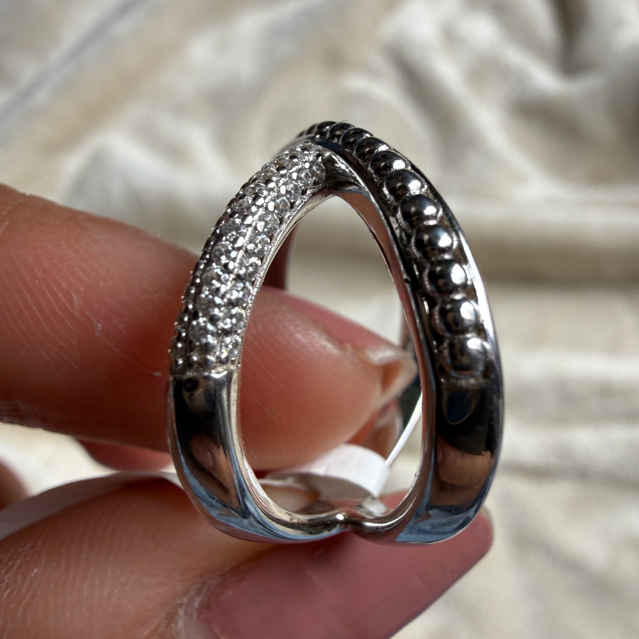 Criss-cross lab-grown diamond X ring in white gold by Kiashaa Jewellery.