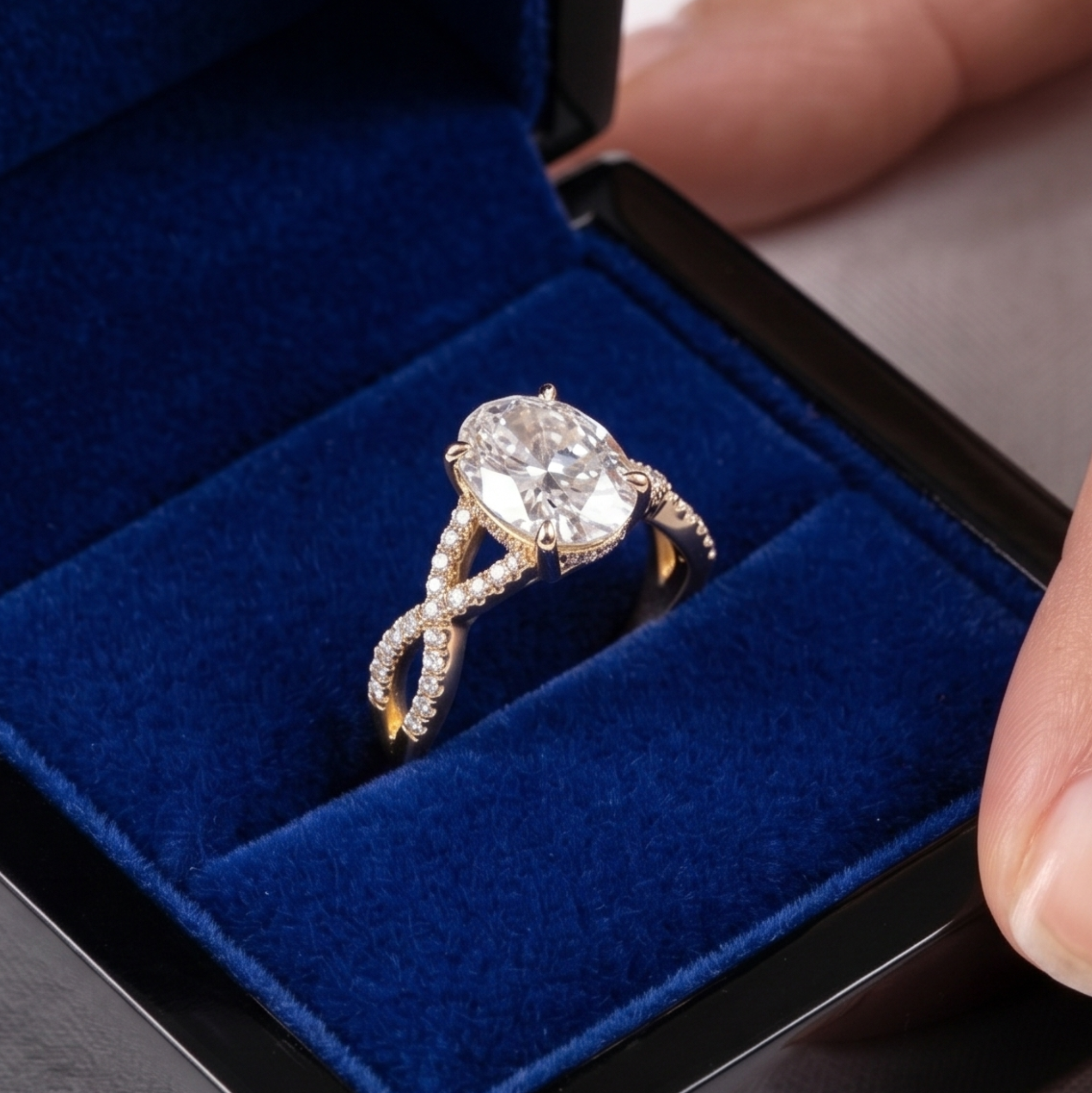 A yellow gold ring with a large oval-cut clear gemstone and pavé-set accent stones on a twisted band, displayed inside an open blue velvet ring box with fingers holding the sides.