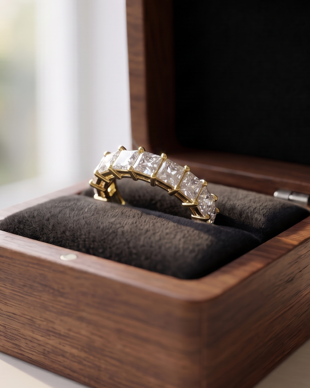 Elegant princess-cut lab-grown diamond eternity ring by Kiashaa Jewellery in white gold for bridal wear.