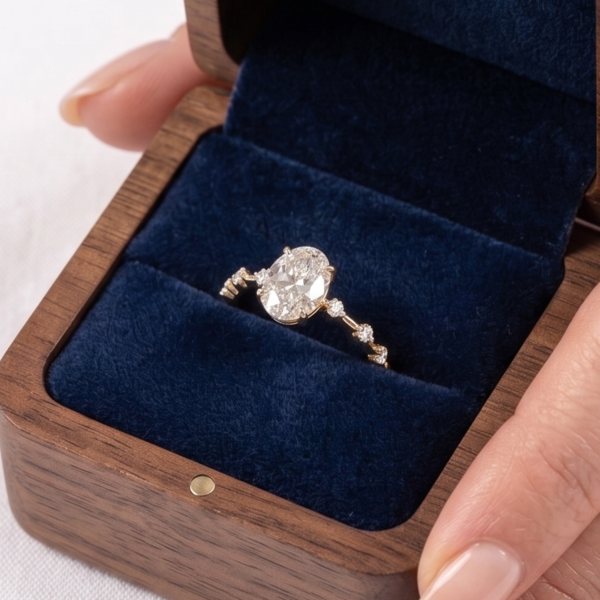 An oval-cut diamond ring in a yellow gold setting, presented inside an open wooden jewelry box with a dark blue velvet interior. A person's fingers are visible holding the box.