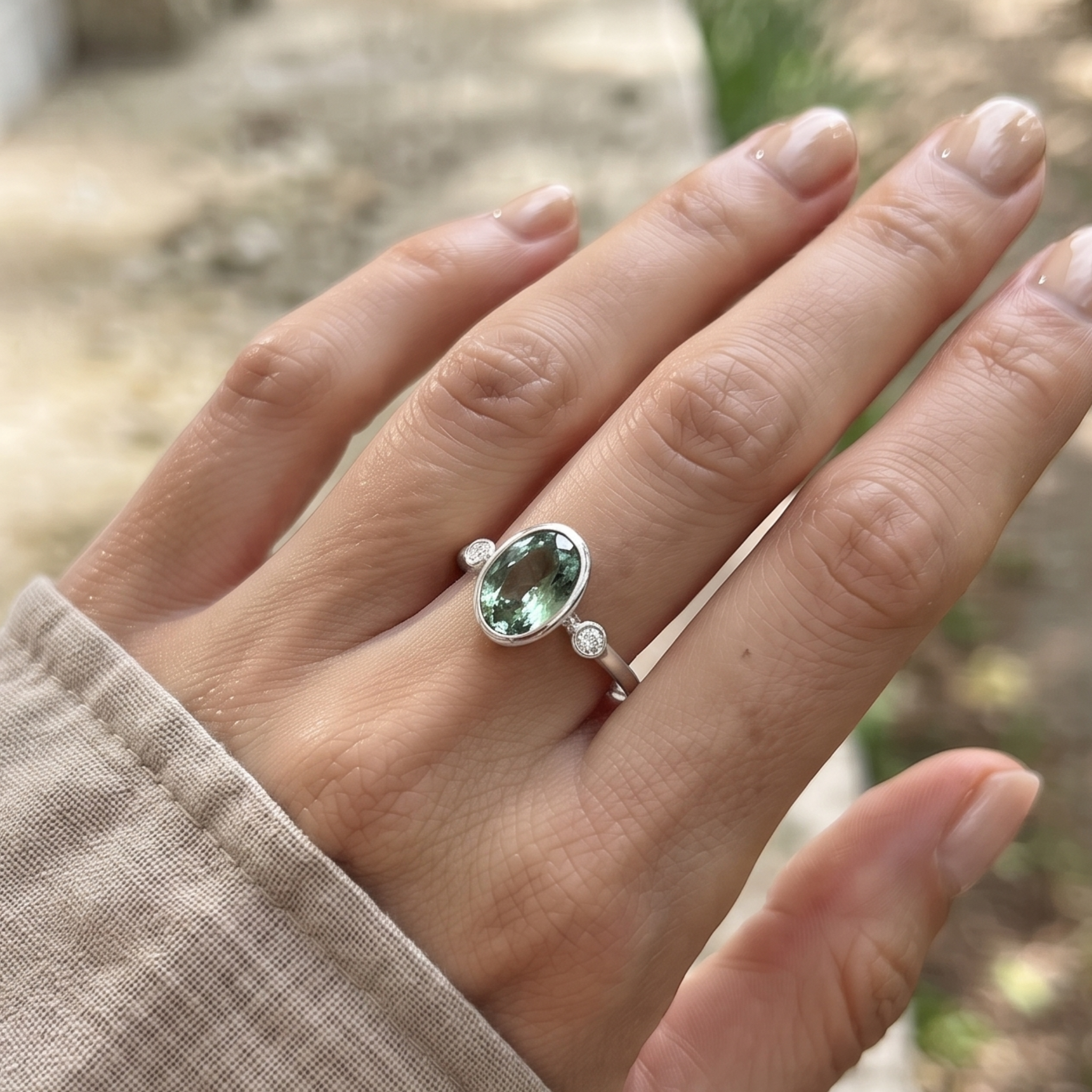 2 CT Oval Green Gemstone Three-Stone Bezel Ring with 0.24 CTW Diamond Accents in 14K & 18K Gold