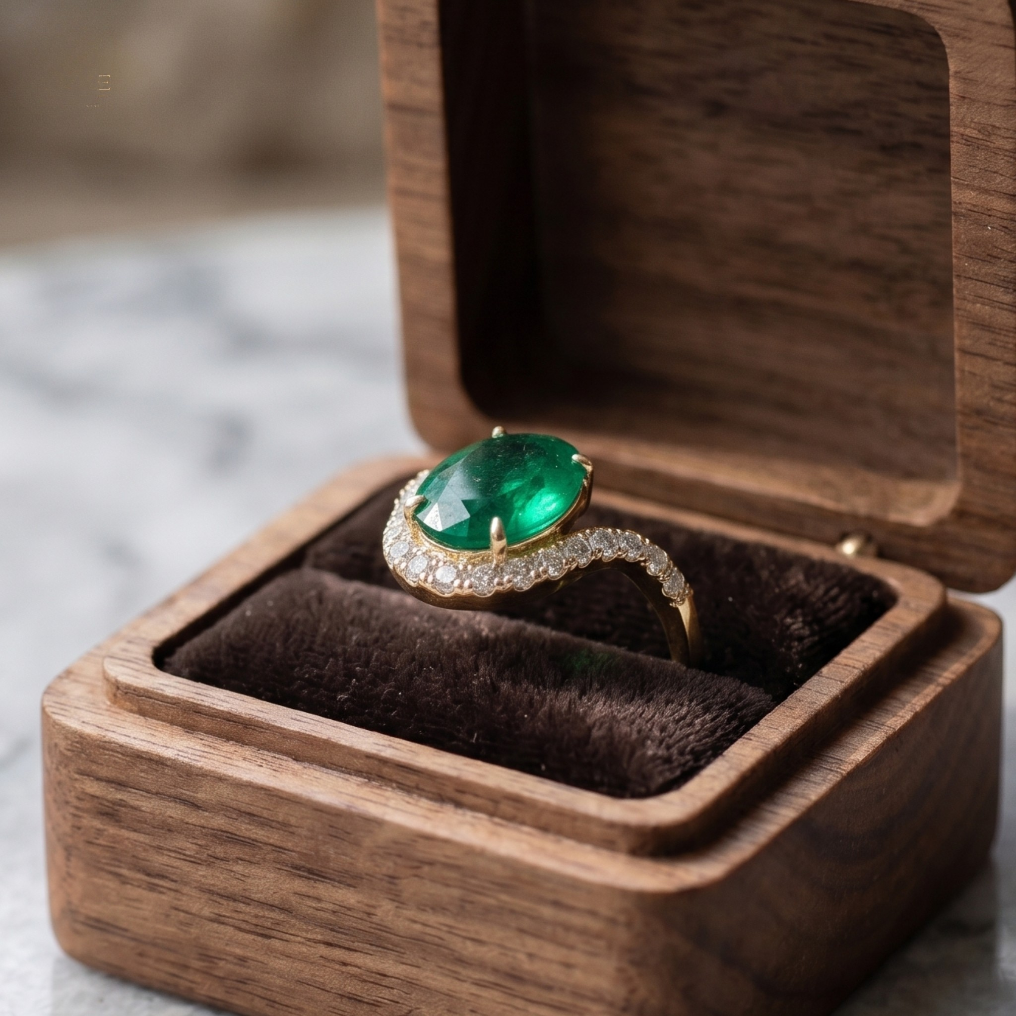 A gold ring with a large oval green emerald-cut center stone and a curved pavé band, displayed inside an open wooden jewelry box with a dark velvet lining.