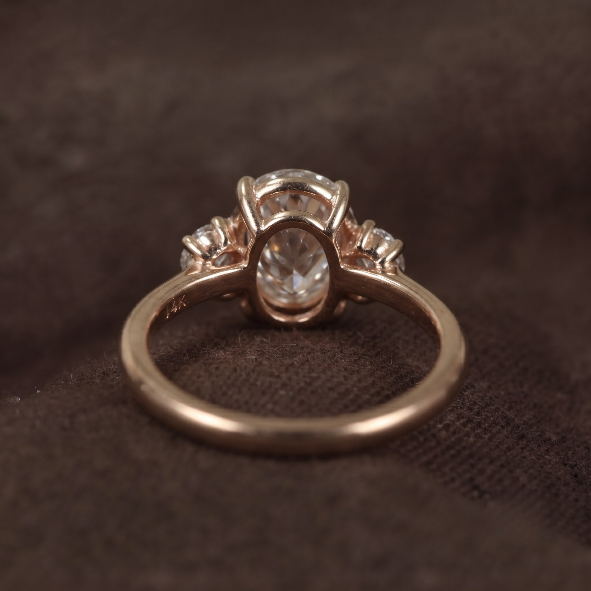 A vintage-style rose gold ring with a central oval clear gemstone and smaller side stones, resting on a dark brown textured fabric background.