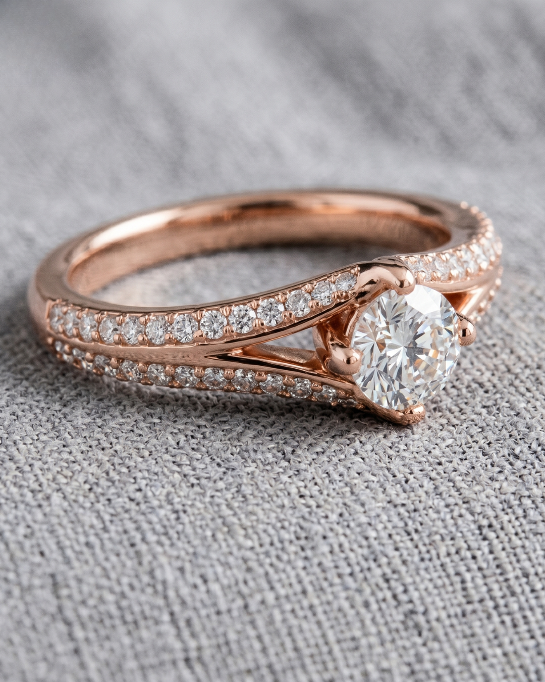 Rose gold round lab-grown diamond ring by Kiashaa Jewellery with a sculptural double-row crossover band.