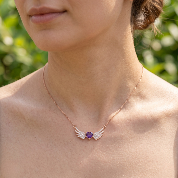 Purple heart gemstone angel wing pendant necklace in rose gold by Kiashaa Jewellery.