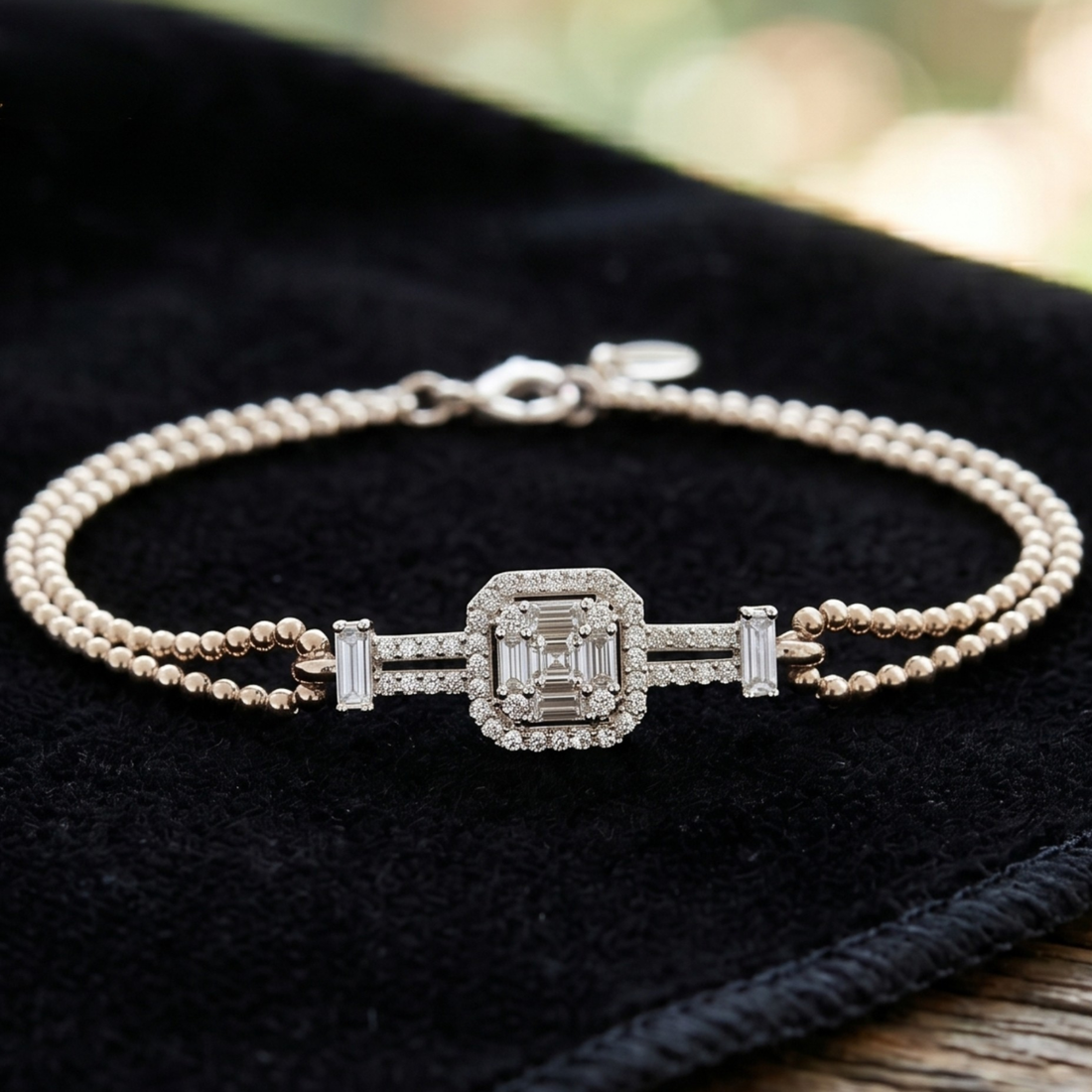 0.60 CT geometric baguette diamond bracelet in rose gold by Kiashaa Jewellery worn on the wrist.