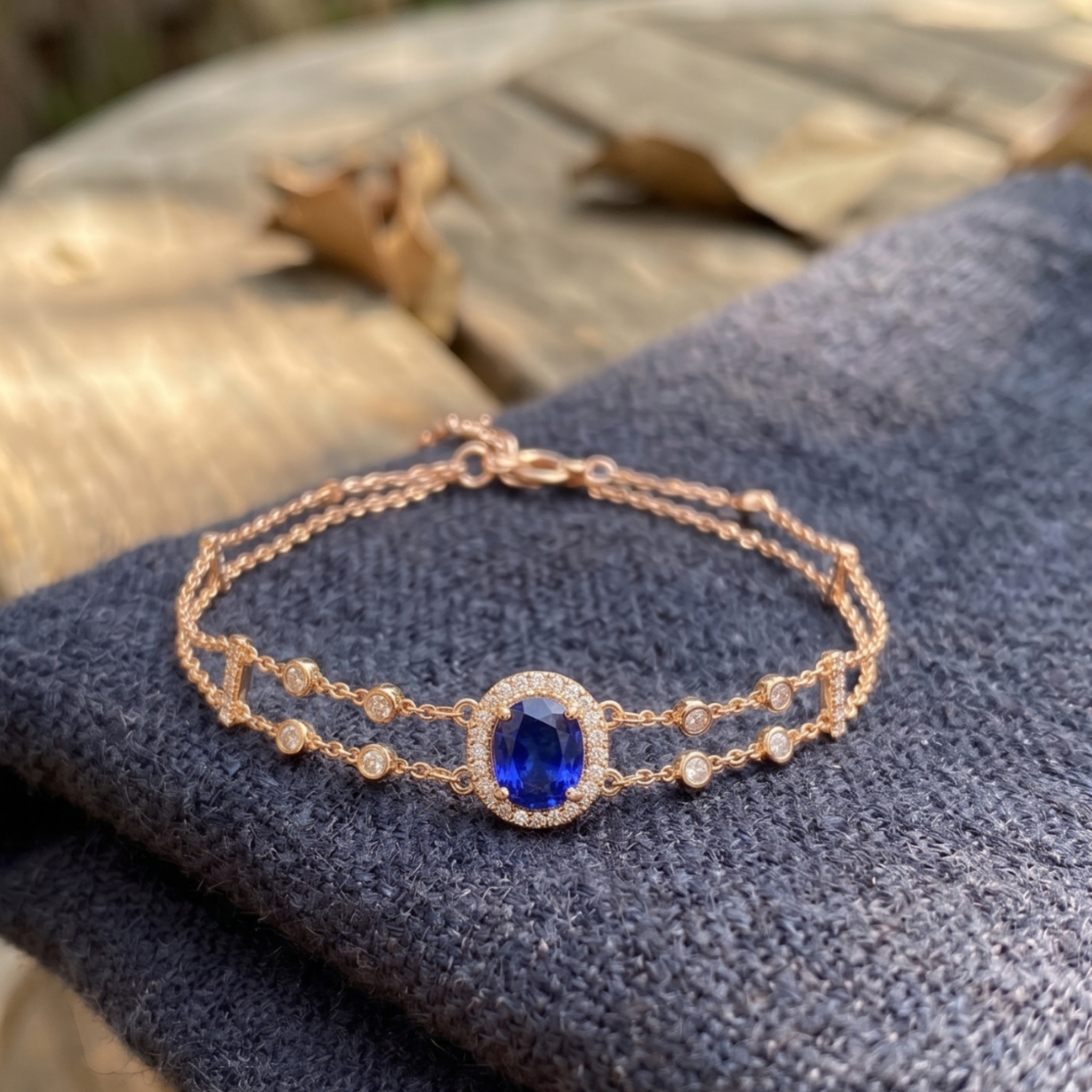 2 CT oval blue sapphire bracelet with diamond halo in yellow gold by Kiashaa Jewellery.