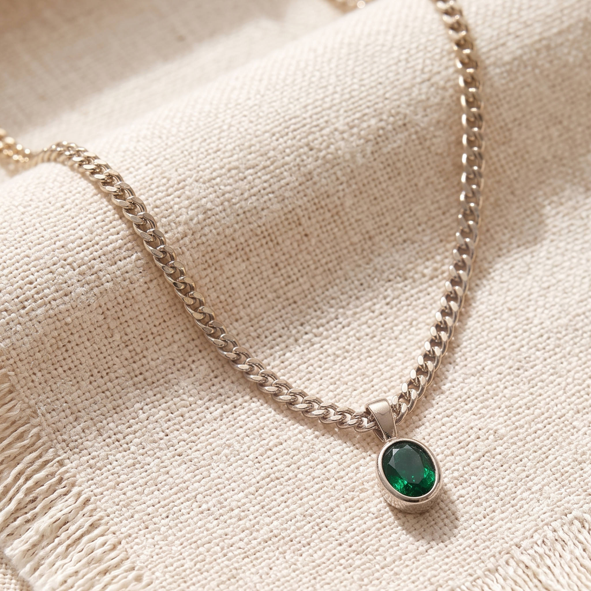 1.98 CT green oval gemstone pendant necklace with polished yellow gold Cuban chain.