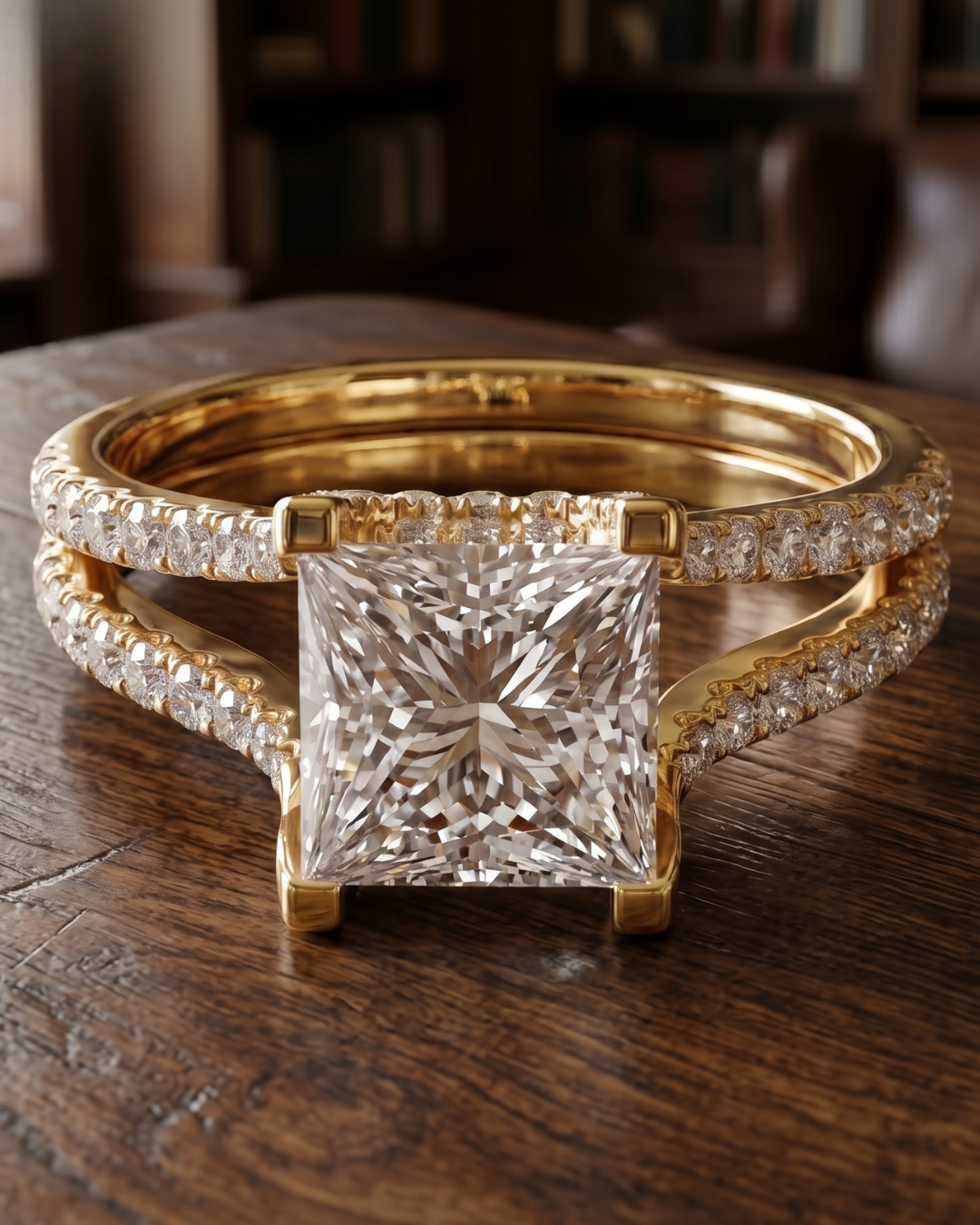 Kiashaa Jewellery princess-cut lab-grown diamond engagement ring in rose gold with an elegant split-shank setting.